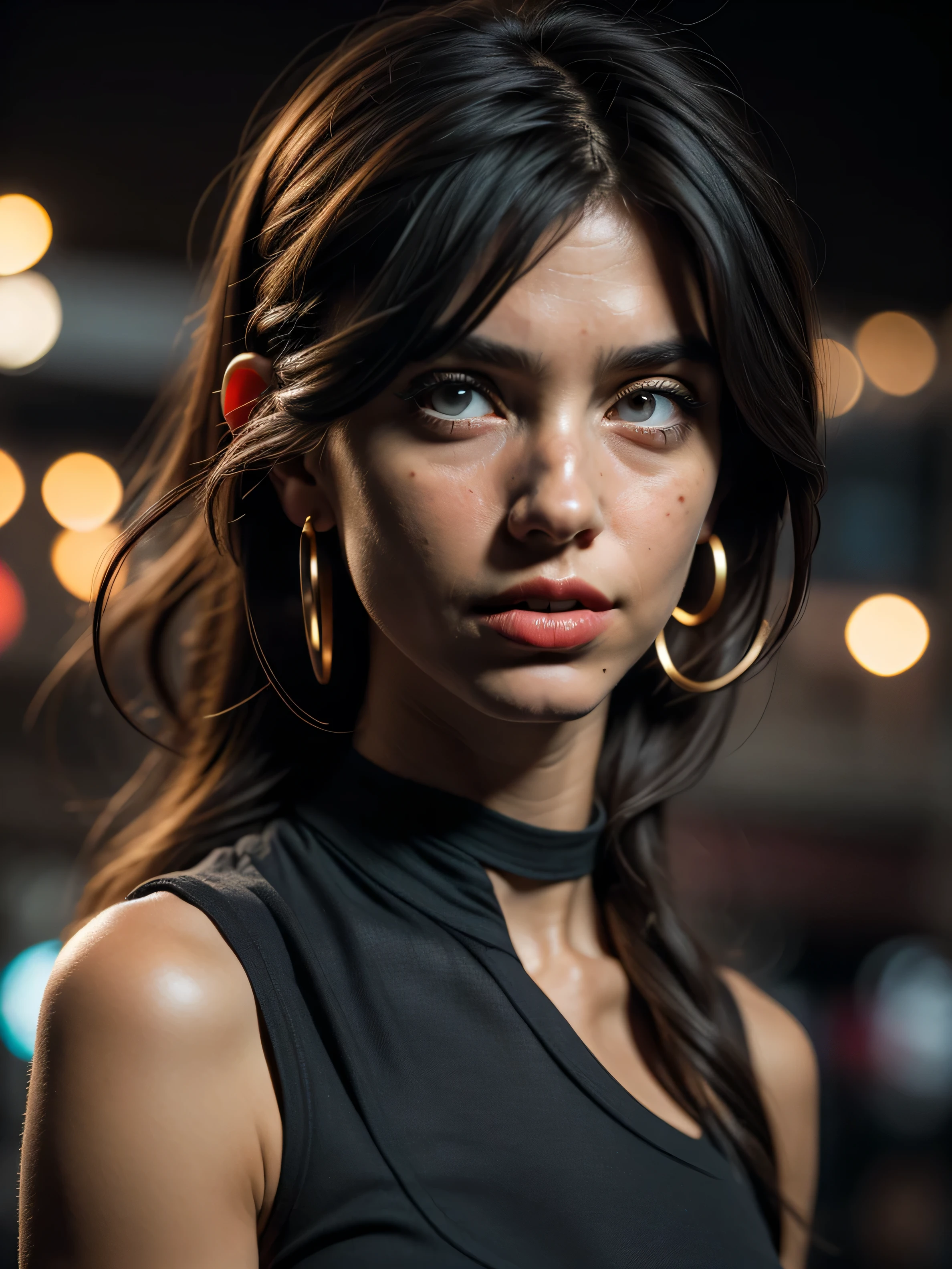 (best quality), (Masterpiece), (high resolution), (complicated details:0.2 Create a stunning realistic model of a 24-year-old woman with a perfect blend of European and Middle Eastern cinematic photo hipster woman,The lighting is soft, creating natural shadows that highlight the texture of the skin, emphasis on texture and contrast, (Healthy human skin is smooth, oily, hydrated, radiant, and resilient, visible skin pores), Octane render, Organic rendering, dark hair in a bun, perfect eyes, dark eyeliner, dark mascara, dark red lipstick, mouth slightly open, hoop earrings, pierced nose, choker, spaghetti strap black tank top, bright city lights at night . 35mm photograph, film, bokeh, professional, 4k, highly detailed