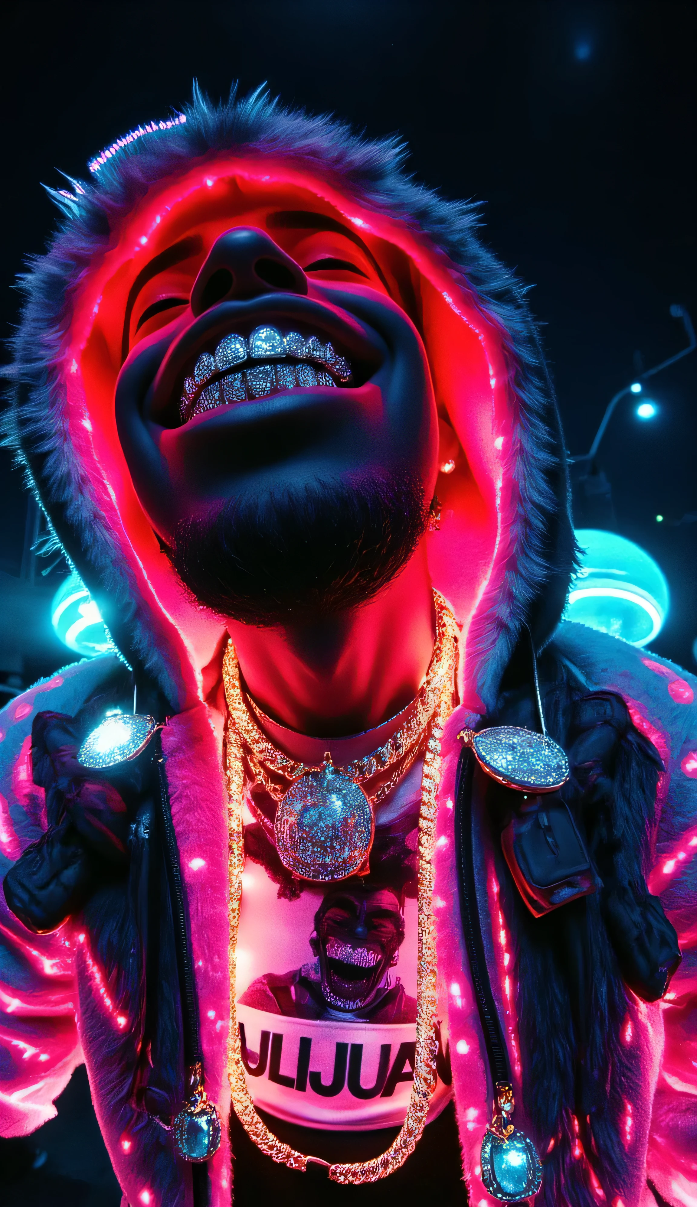 gr!llz, persin Nztykle in the style of Jed-clrfl , Ebony character enveloped in intense thick colored energy.The character has luminous peacock color skin, wearing a fur bubble jacket with shirt underneath with bold text that says "Talijuano", bold gold chain aesthetic_pos3, Their face is obscured by the overwhelming thick glow::7.2 , large anime energy aura size 6 inches from body emphasizing the sheer power they are unleashing::6.4 .smiling into the camera, fish eye lens realistic photograph with a wide smile, its teeth are encrusted with shiny platinum diamonds.