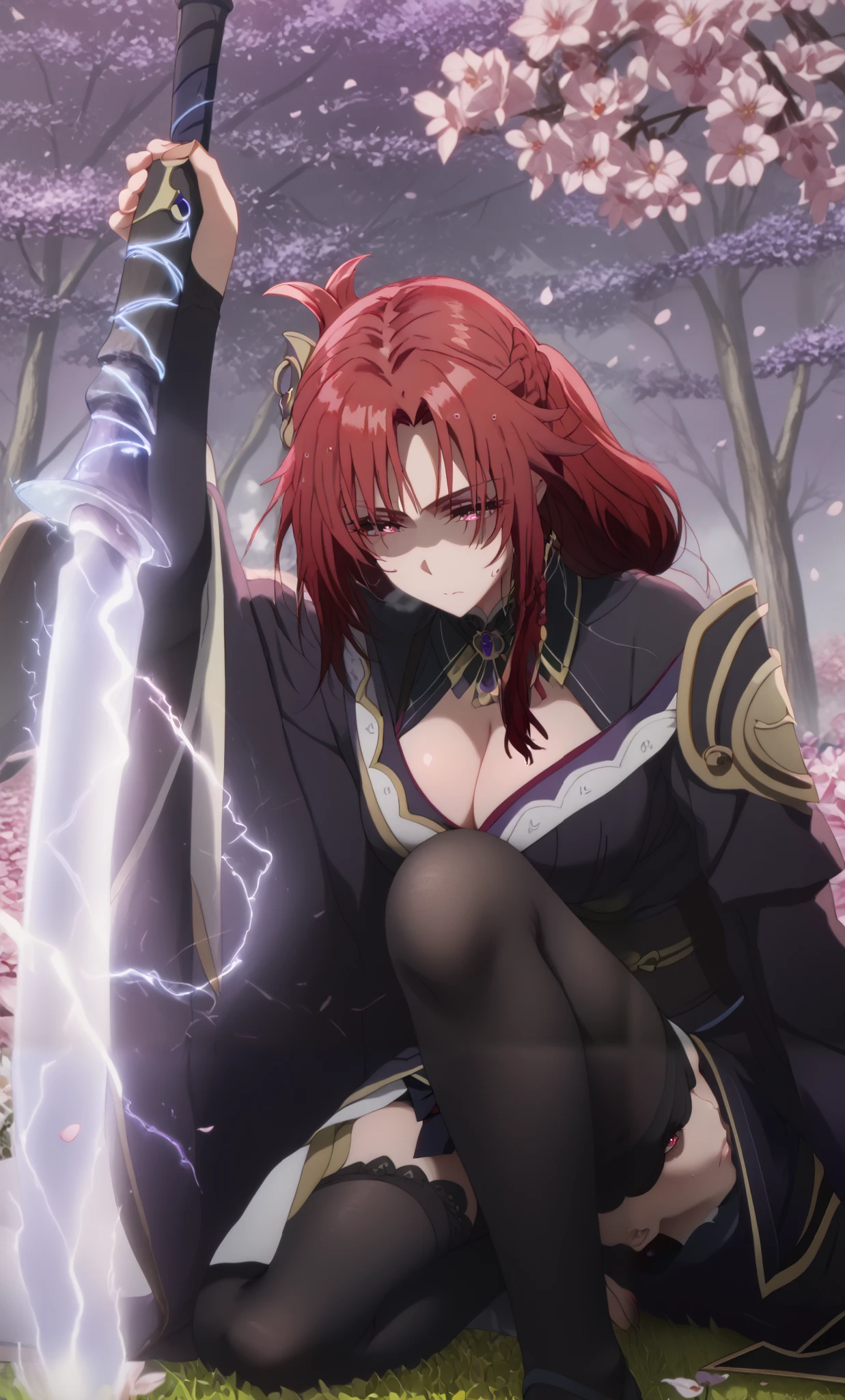 score_9, score_8_up, score_7_up, score_6_up, uncensored, iris midgar, long hair, red eyes, braid, red hair, large breasts, bright pupils, anime coloring, anime screencap, (voluptuous:1.3), (thick:1.3), BREAK UHD, retina, masterpiece, accurate, anatomically correct, textured skin, super detail, high details, high quality, award winning, best quality, highres, 4K, makeup, eyelashes, excessive sweating, sweating, sweating drop, (gasping, heavy breathing:1.3), (skindentation:1.2), perfect eyes, beautiful eyes, eyelashes, makeup, detailed body, perfect body, BREAK, 1girl, breasts, solo, japanese_clothes, weapon, cleavage, kimono, sword, thighhighs, obi, half-closed_eyes, sash, electricity, musou_isshin_(genshin_impact), armor, shoulder_armor, holding_weapon, holding_sword, tomoe_(symbol), closed_mouth, holding, flower, cherry_blossoms, wide_sleeves, bridal_gauntlets, mitsudomoe_(shape), ribbon, obijime, purple_kimono, purple_flower, obiage, long_sleeves, one_knee, tassel, sitting, shaded face, field, (aura:1.4), falling petals