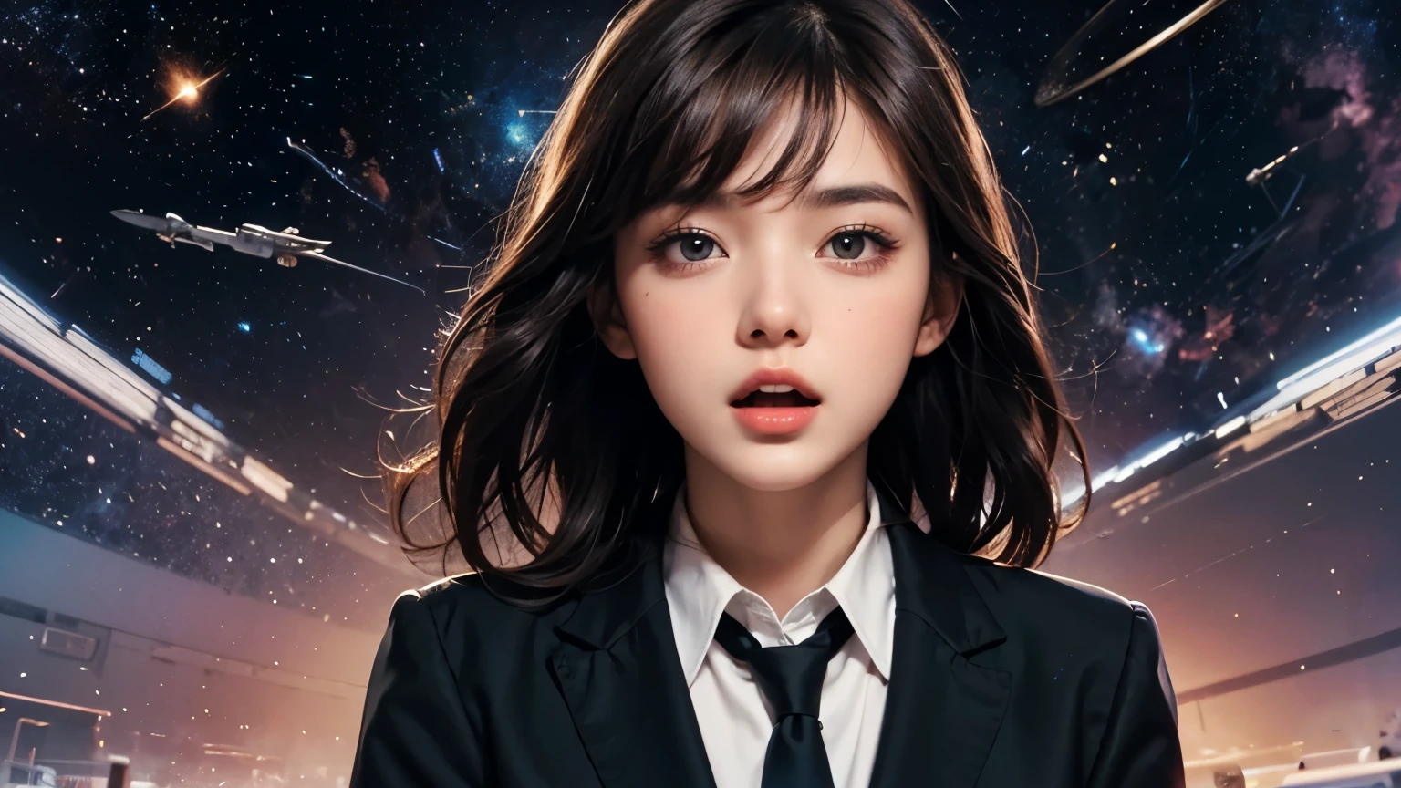Masterpiece, Superb Illustration, {Beautiful and Detailed Girl}, Beautiful Detailed Glow, (War: 1.2), (Nuclear Explosion Behind: 1.3), Rain, Detail Lighting, Detail Water, (Beautiful Detailed Eyes: 1.1), Expressionless, Court, Dark Brown Hair, Loose Hair, Long Bangs, Eyebrows, (Black and Gray Dress: 1.1), Black Ribbon, White Bow Tie, Upper Abdomen, Large Forehead, Dull, Flower, Long Sleeves