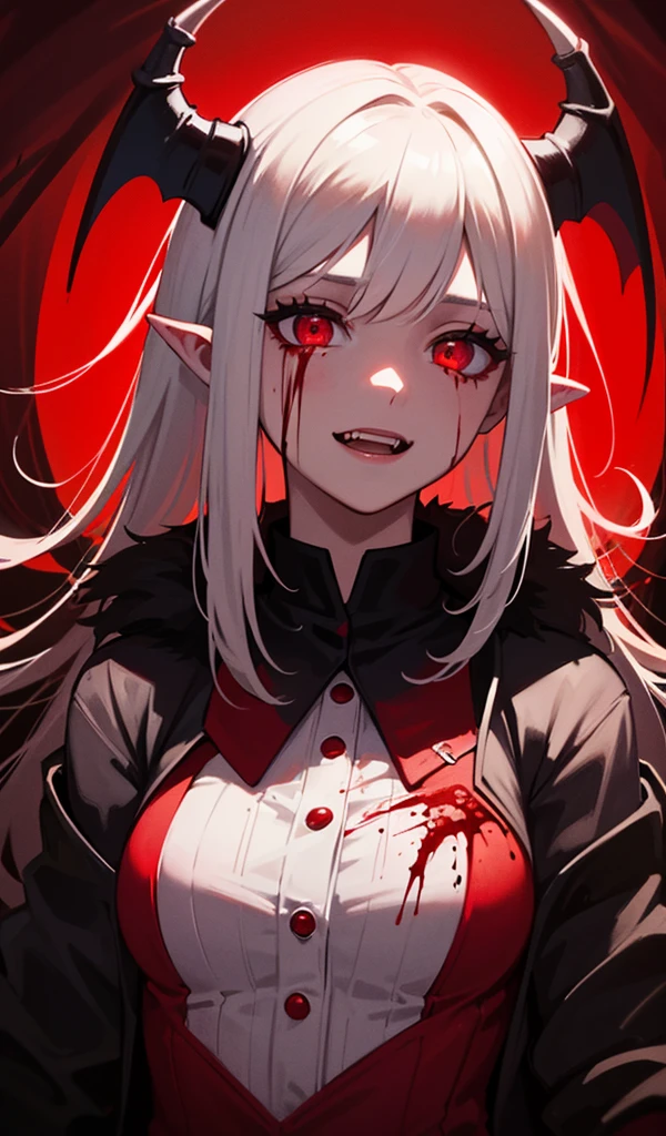 ((Nsfw, Vulgar)),wet-on-wet oil painting depicting a dark angel, a semi-realistic full body portrait, blood on the angel face,, red eyes, gorgeous painting, breathtaking, semirealistic, beautiful colors, evil, beautiful red eyes, detailed textures, dark feathers, blood, white hair, evil grin, evil smile