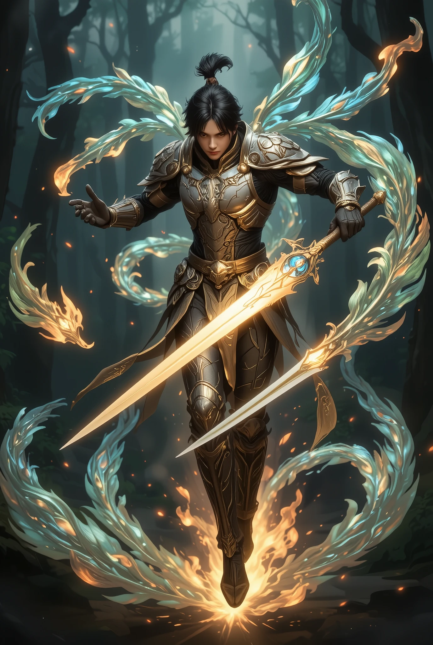 A graceful and agile warrior inspired by the majestic beauty of a peacock. Ling's sleek and elegant design incorporates vibrant feathers with iridescent shades of blue, green, and gold, flowing seamlessly from his shoulders and cape. His armor is adorned with intricate peacock motifs, symbolizing elegance and precision. The dual blades he wields glisten like peacock quills, with feather-like engravings along their length. His movements mimic the fluidity of a peacock's dance, combining deadly precision with artistic flair. A radiant peacock aura surrounds him, and a trail of glowing feathers follows his every step, enhancing his ethereal presence. The backdrop features a serene forest illuminated by soft, glowing light, showcasing his connection to nature and the regal grace of the peacock.