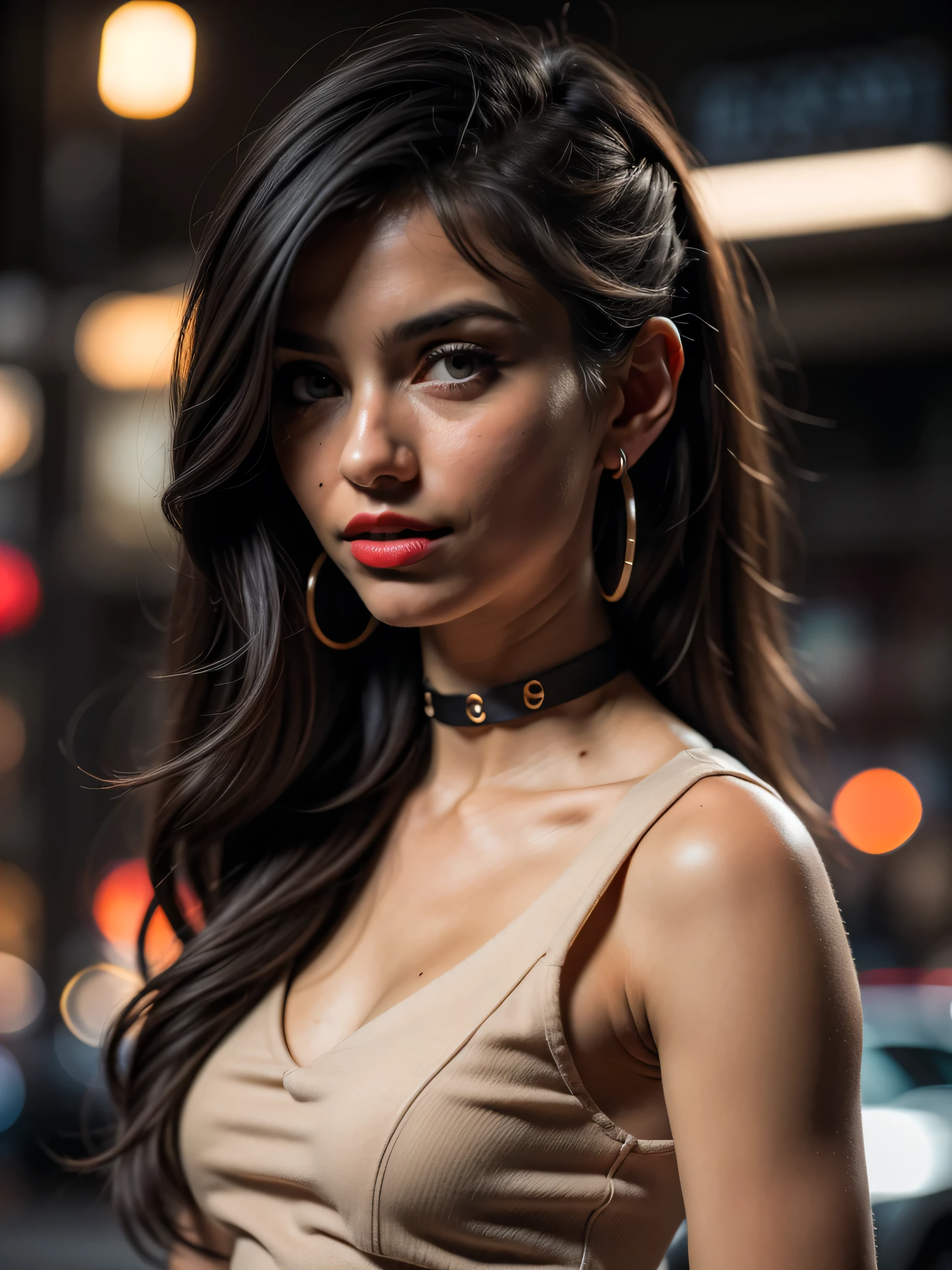 (best quality), (Masterpiece), (high resolution), (complicated details:0.2 Create a stunning realistic model of a 24-year-old woman with a perfect blend of European and Middle Eastern cinematic photo hipster woman,The lighting is soft, creating natural shadows that highlight the texture of the skin, emphasis on texture and contrast, (Healthy human skin is smooth, oily, hydrated, radiant, and resilient, visible skin pores), Octane render, Organic rendering,   dark hair in a bun, perfect eyes, dark eyeliner, dark mascara, dark red lipstick, mouth slightly open, hoop earrings, pierced nose, choker, spaghetti strap black tank top, bright city lights at night . 35mm photograph, film, bokeh, professional, 4k, highly detailed