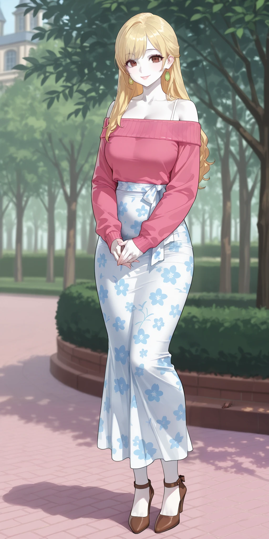 An extremely gorgeous beautiful woman with blonde hair and a hair bang that covers one of her eyes. She has extremely fair white skin, red plump glossy lips, big brown eyes, and a slim yet curvy body. She's wearing a long white floral dress with spaghetti straps, a pink sweater worn in an off-shoulder style, and brown heels. She's standing straight, smiling, hands joined together, park background, show full body.