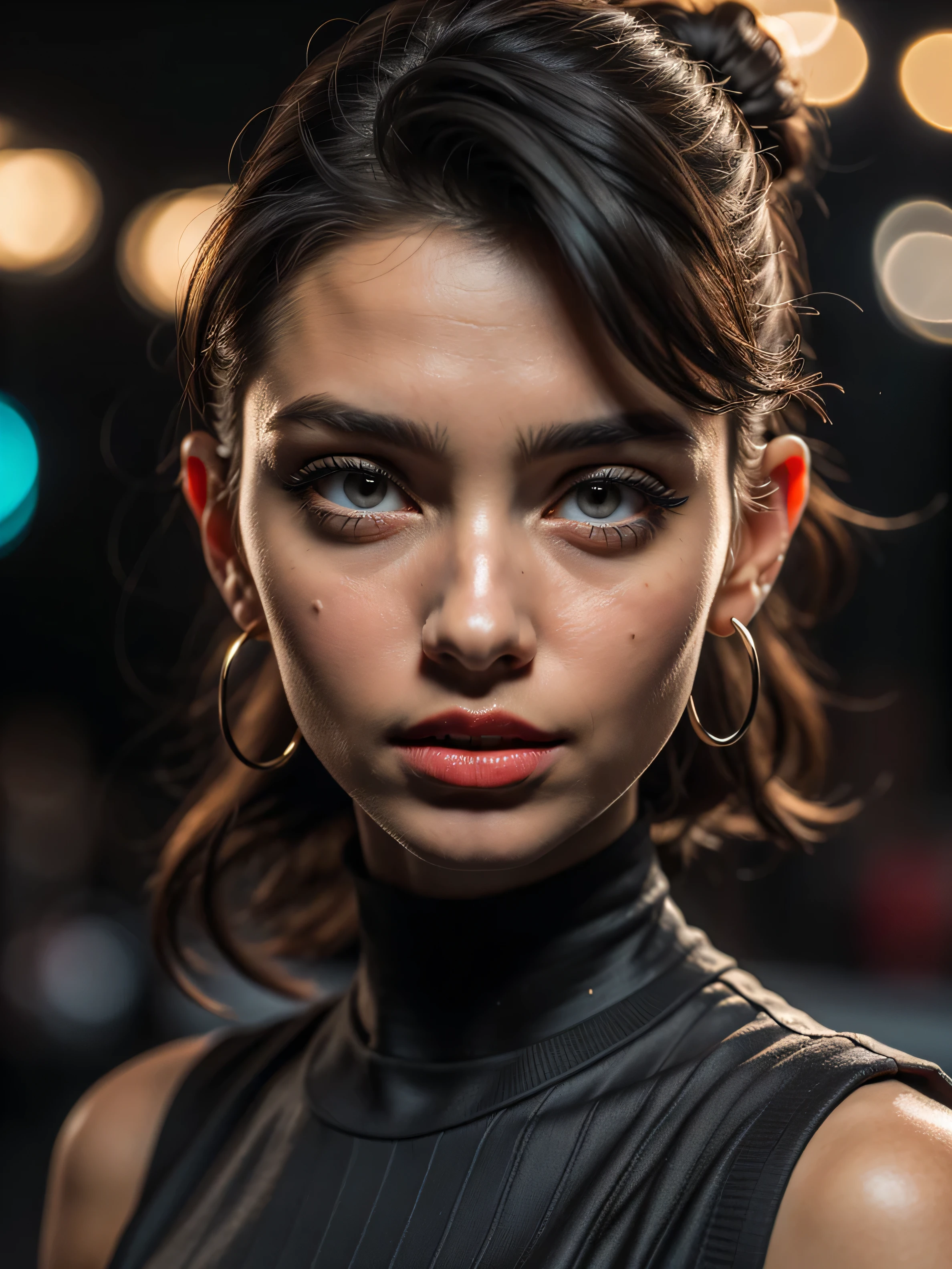 (best quality), (Masterpiece), (high resolution), (complicated details:0.2 Create a stunning realistic model of a 24-year-old woman with a perfect blend of European and Middle Eastern cinematic photo hipster woman,The lighting is soft, creating natural shadows that highlight the texture of the skin, emphasis on texture and contrast, (Healthy human skin is smooth, oily, hydrated, radiant, and resilient, visible skin pores), Octane render, Organic rendering,   dark hair in a bun, perfect eyes, dark eyeliner, dark mascara, dark red lipstick, mouth slightly open, hoop earrings, pierced nose, choker, spaghetti strap black tank top, bright city lights at night . 35mm photograph, film, bokeh, professional, 4k, highly detailed