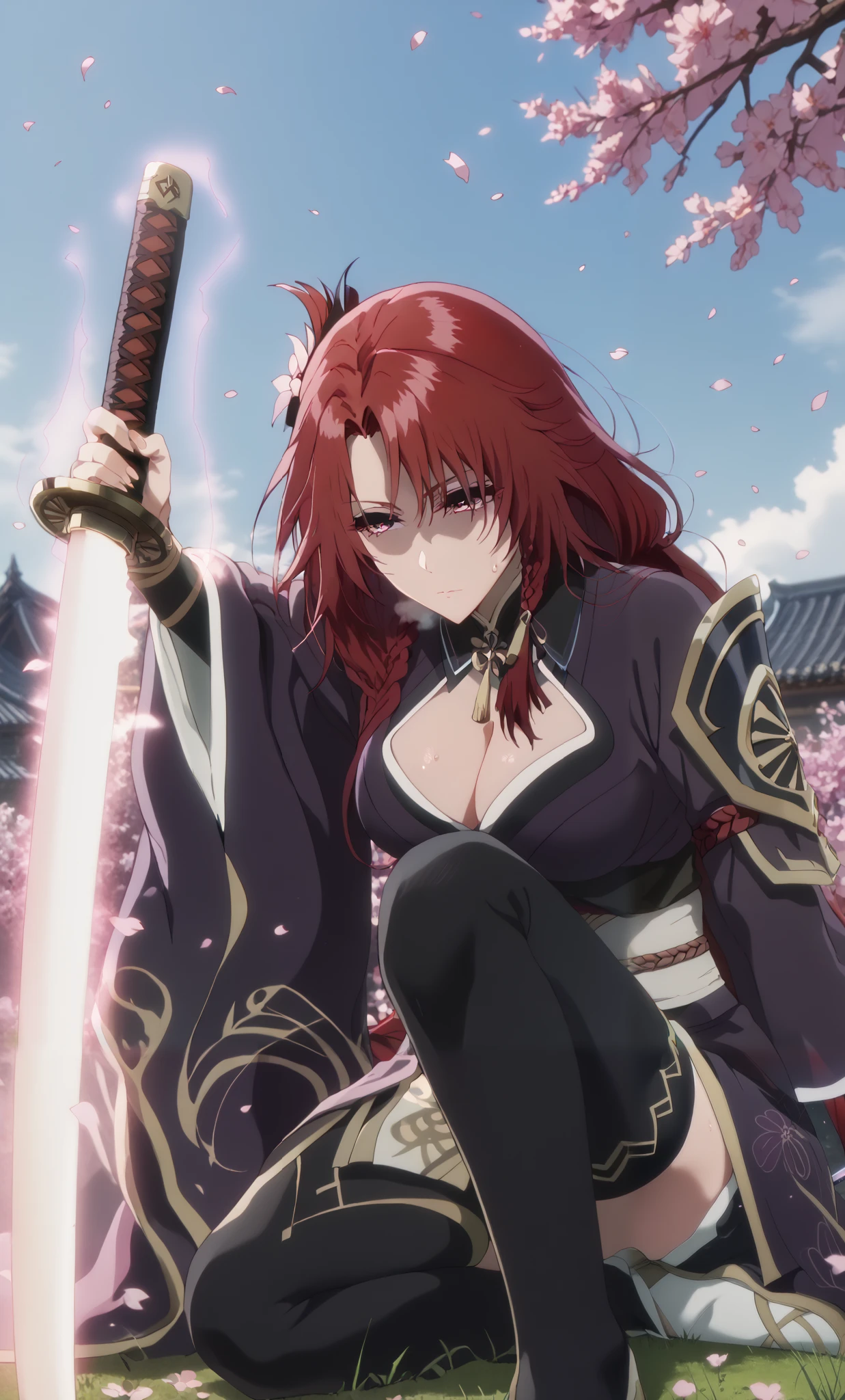 score_9, score_8_up, score_7_up, score_6_up, uncensored, iris midgar, long hair, red eyes, braid, red hair, large breasts, bright pupils, anime coloring, anime screencap, (voluptuous:1.3), (thick:1.3), BREAK UHD, retina, masterpiece, accurate, anatomically correct, textured skin, super detail, high details, high quality, award winning, best quality, highres, 4K, makeup, eyelashes, excessive sweating, sweating, sweating drop, (gasping, heavy breathing:1.3), (skindentation:1.2), perfect eyes, beautiful eyes, eyelashes, makeup, detailed body, perfect body, BREAK, 1girl, breasts, solo, japanese_clothes, weapon, cleavage, kimono, sword, thighhighs, obi, half-closed_eyes, sash, electricity, musou_isshin_(genshin_impact), armor, shoulder_armor, holding_weapon, holding_sword, tomoe_(symbol), closed_mouth, holding, glowing sword, katana, holding katana, flower, cherry_blossoms, wide_sleeves, bridal_gauntlets, mitsudomoe_(shape), ribbon, obijime, purple_kimono, purple_flower, obiage, long_sleeves, one_knee, tassel, sitting, shaded face, field, (aura:1.4), falling petals