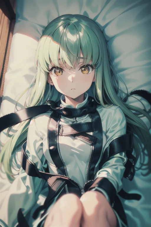 (highest quality:1.2), A girl is lying on the operating table. front view, pale skin, a photorealistic cute girl, pale face, European face, noble face, open eyes, chilling lip,open mouth to cry, suffering face, Short-cut pink hair, upper body portrait, wearing long sleeve leotard,tight-fitting and extra shiny pale leotard, wearing fishnet bodysuits, wearing red belt.There is a monitor in the operating room.