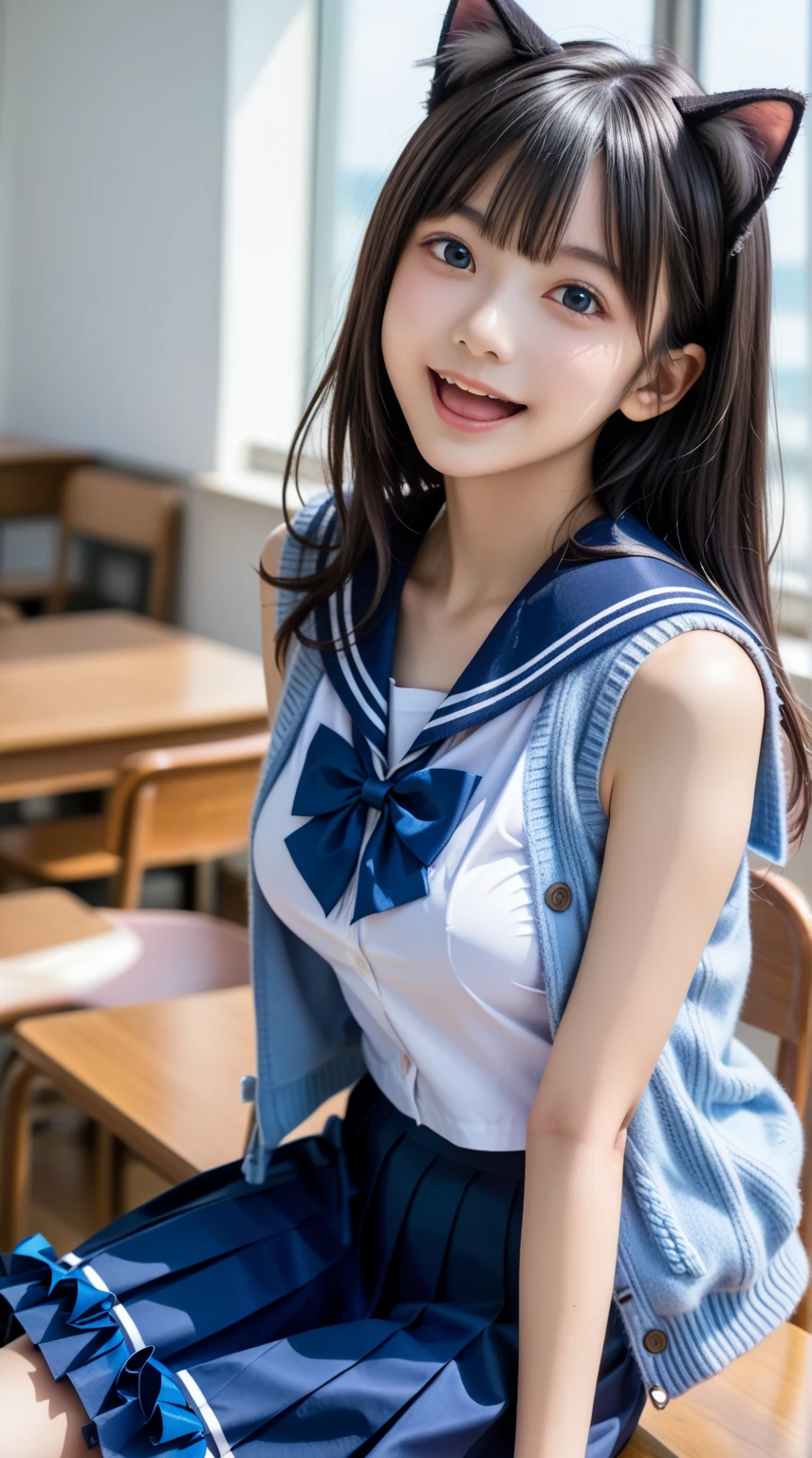 (masterpiece, best quality:1.2), 8k, official art, raw photo, incredibly absurdres, (sailor uniform, serafuku:1.0), ,highschool student,beautiful girl, pretty face, arch back, close up, , short sleeve, gardenia, violaceaess, (short ponytails:1.3),teen, classr looking at viewer, no makeup, film grain, chromatic aberration, sharp focus, facelight, dynamic lighting, cinematic lighting, detailed eyes and face, bokeh background,(cowboyshot:1.3),(small brests:1.2),(skinny:1.2),(smile:1.2),(school swimsuit:1.0),(fullnude:1.5),(show pussy:1.4),(bottomless:1.6),8from below:1.3),