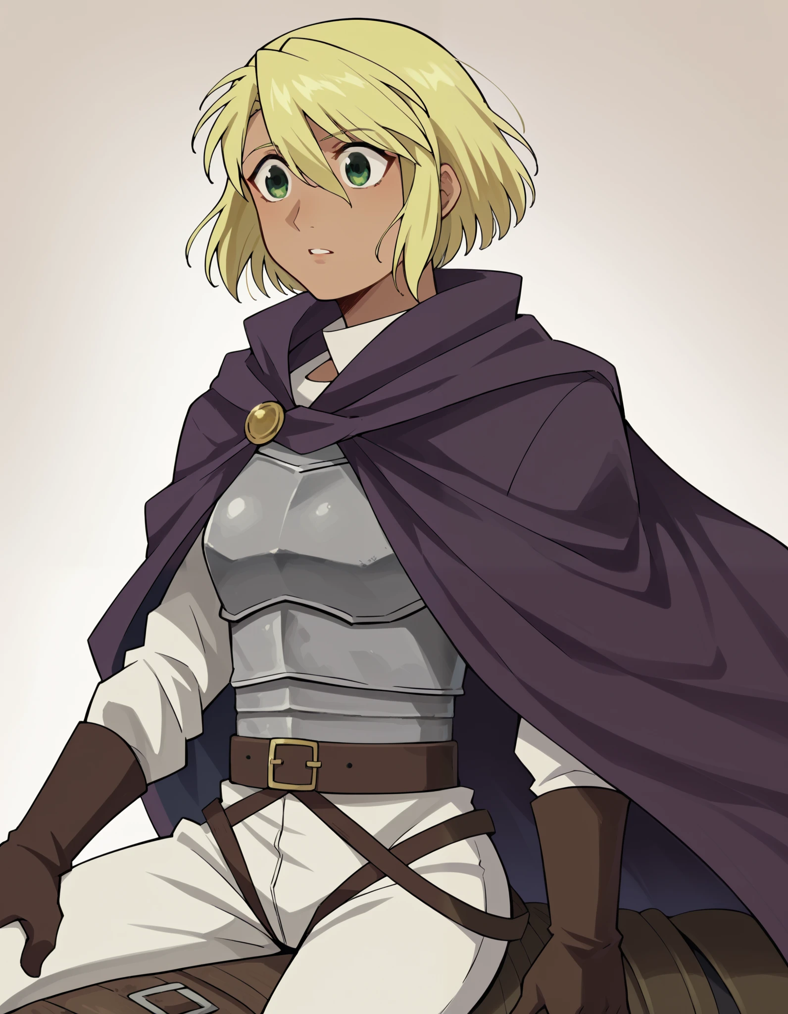 score_9, score_8_ upwards, score_7_ upwards, source_anime,
Beautiful blonde girl with short hair, shaggy hair bob with bangs , hair between eyes , green eyes, light tanned skin, slightly tanned skin, slightly opened sensual lips , flat bust, Very small bust , grey long sleeve tunic t-shirt, armor, серебряные защитные пластины на груди и плечах armor, armor на груди, spacious white trousers , Grey loincloth, brown boots with white fur , purple cape with thin white trim, the lilac cape has white edges , , the sword in the sheath hangs from the belt at the waist, подняла голову upwards, raised her chin, смотрит upwards, tears in the eyes and cheeks, on horseback