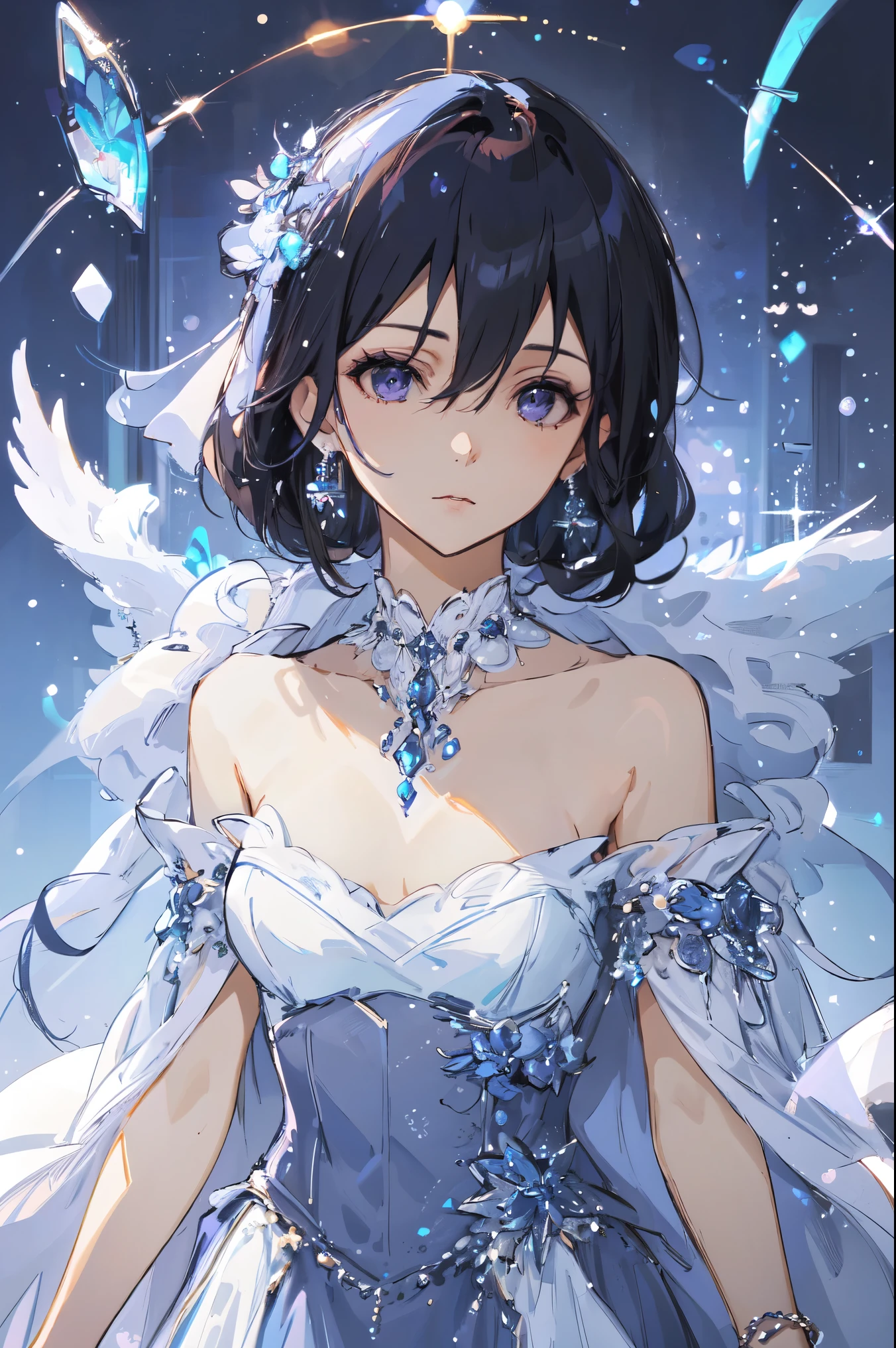 (best quality)+,(on the table)++,(Super detailed)++, Masterpiece Top Quality Super Fine Illustration High Detail Lighting Perfect Lighting, (1 bride:1.3),, First class female body, Perfect body, beautiful breasts, View from the front, from above, delicate luster, Beautiful and delicate eyes, cute face, beautiful lips,  a girl surrounded by crystals, purple eyes, beautiful purple hair, Beautiful iridescent eyes, Beautiful long and tousled hair, Sexy brides，Sexy wedding dress, Glow effect lens flare lotion gloss shine holy light background sunlight, White，White尖头高跟鞋, looking at the audience,