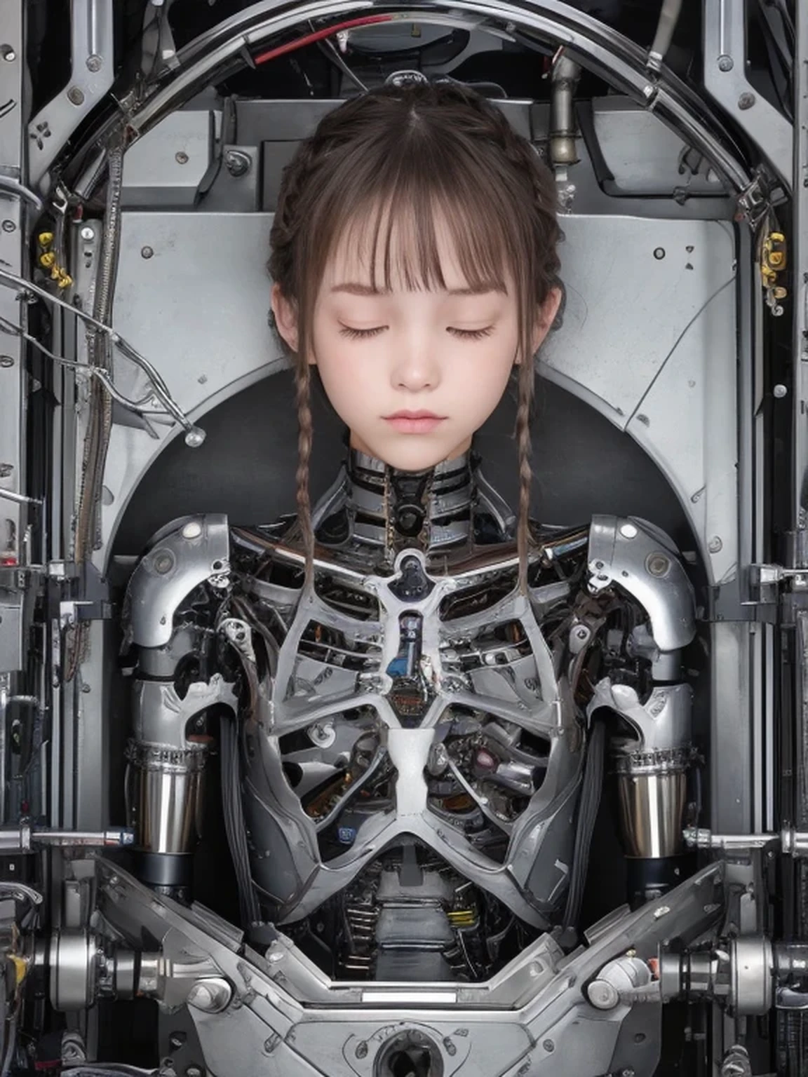 A beautiful naked blonde young adult is lying face down on a bed, He is on his side showing his back to the camera, His back has an open panel inside where he shows circuits and cables, To one side sits a woman dressed as a maintenance technician playing it, hyperrealistic quality image.