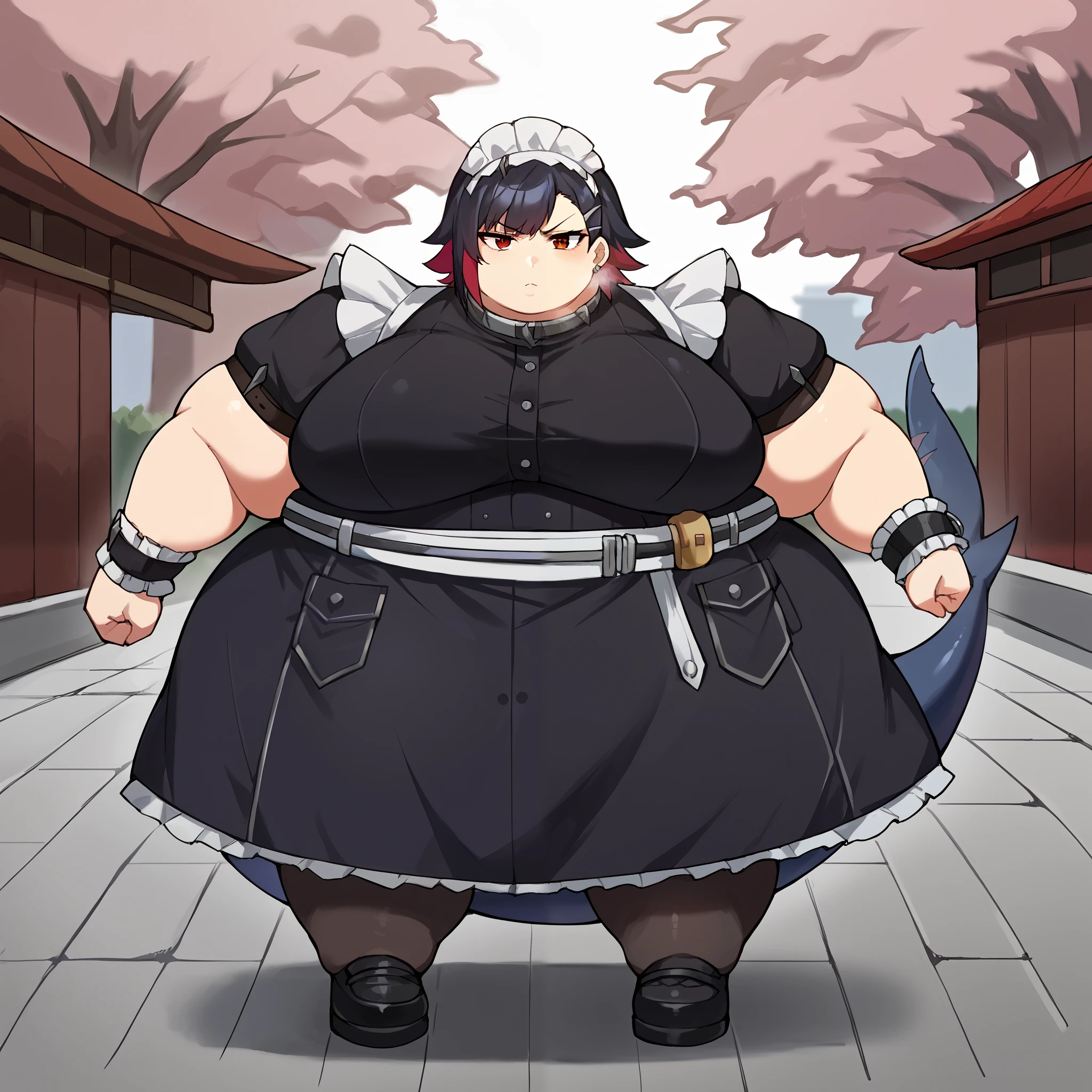 score_9, score_8_up, score_7_up, score_6_up, score_5_up, score_4_up, BREAK source_anime, 1girl, solo, outdoors, street, cherry blossoms, cowboy shot, squatting, looking at viewer, :o, closed mouth, serious, ellen, red eyes, black hair, short hair, colored inner hair, hairclip, ear piercing, fins, shark tail, maid headdress, hair ornament, black dress, puffy short sleeves, choker, frilled dress, high-waist skirt, black pantyhose, wrists cuffs, apron, belt, black footwear, full body , fat, chubby, obese, gigantic arms and legs, large breasts open mouth, out of breath, full body shot
