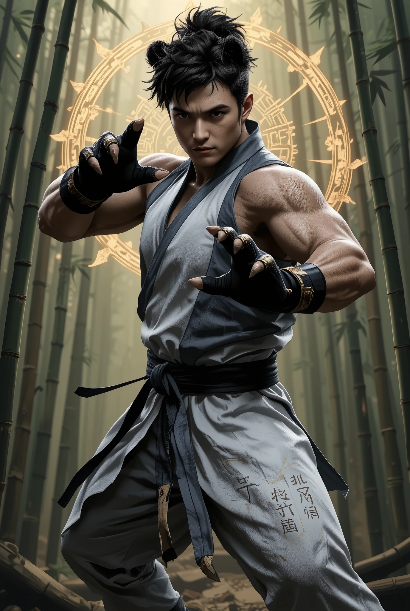 (((Cover your nose and neck with black cloth)))、Japanese men、((Sweaty armpits smell))、(((Crotch bulge)))、Fromside、(((fighting stance)))、((Sleeveless ninja jacket))、(((Ninja Pants)))、(((Ninja Tabi)))(Arm tattoo)、Muscular、(Glowering look、looking at viewer、big eyes、furious)、((Bamboo grove)、sidecut Spiky hair、、((full body))、 Detailed Background, The finer details、Real、3K、Highest quality
