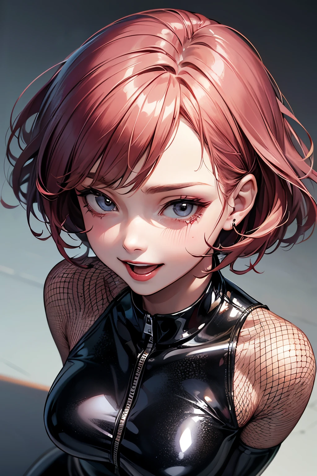 (highest quality:1.2), a 20-years-old girl is crouchng and smiles to another weeping girl, side view, looking down the floor, a photorealistic cute gymnast, beautiful face, European face like a doll, heavily make-up face, pale face, open mouth with brutal smile, blight eyes with heavy dark eyshadow, dark blue eyeline, dark bloody-red lip with cruel smile, soul-less face with no emotion, Short-cut pink hair, upper body portrait above the knees, wearing long sleeve latex leotard,tight-fitting and extra shiny black leotard, wearing fishnet bodysuits, wearing red belt