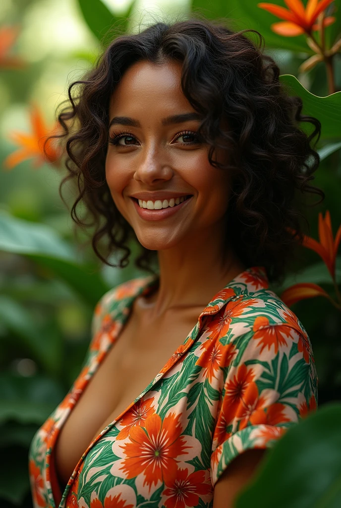 A Brazilian woman in a lush tropical garden, wearing an open shirt with a floral print, with a close-up capturing the harmonious beauty between her breasts and the natural flowers, showing off your natural charm and outgoing personality.