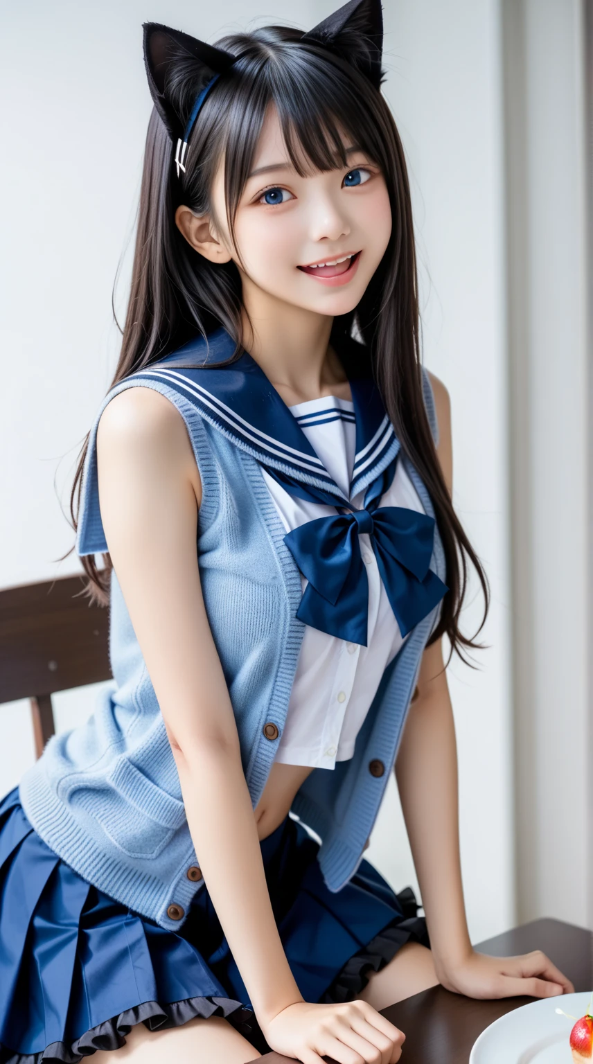 (Browsing Caution:1.3), ((masterpiece)), ((Highest quality)), (Very detailedな), ((cute)), cute, (Multi-point), ((sexy)), (device), ((Very detailed)), 4K, (8k), Highest quality, (beautiful),Genuine, Dynamic Angle, Clear contours, at school, (1 girl, cute girl:1.5), (High school girl sailor suit:1.5), ((beautiful eyes)), (Sit with your legs apart, look forward to, mini skirt,Panty shot:1.5), Big Breasts, shoes, smile,(Horie Yui:1.6)