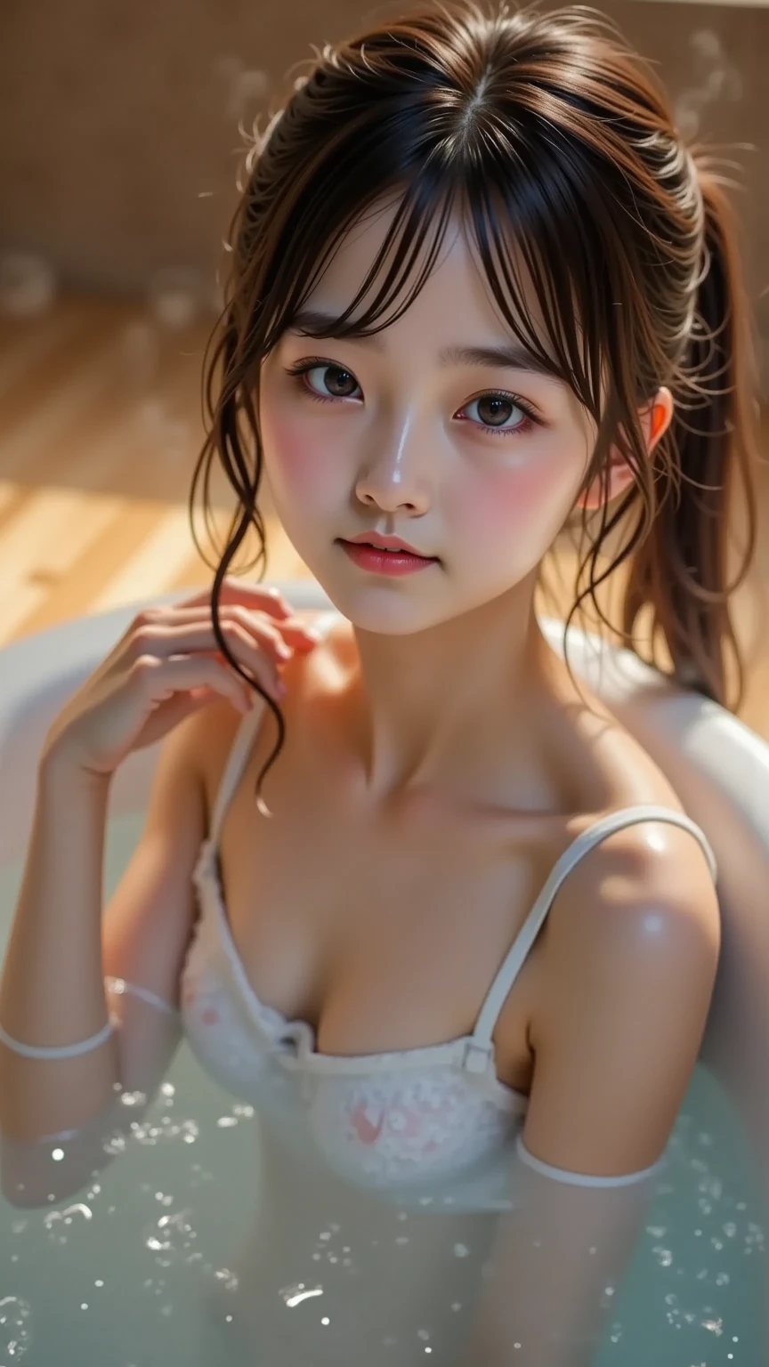 (beautiful japanese woman), cute face, (deeply carved face:0.7), (freckles:0.6), soft light,healthy white skin, shy, (serious face), slender, bathtub, I take a shower, nipple