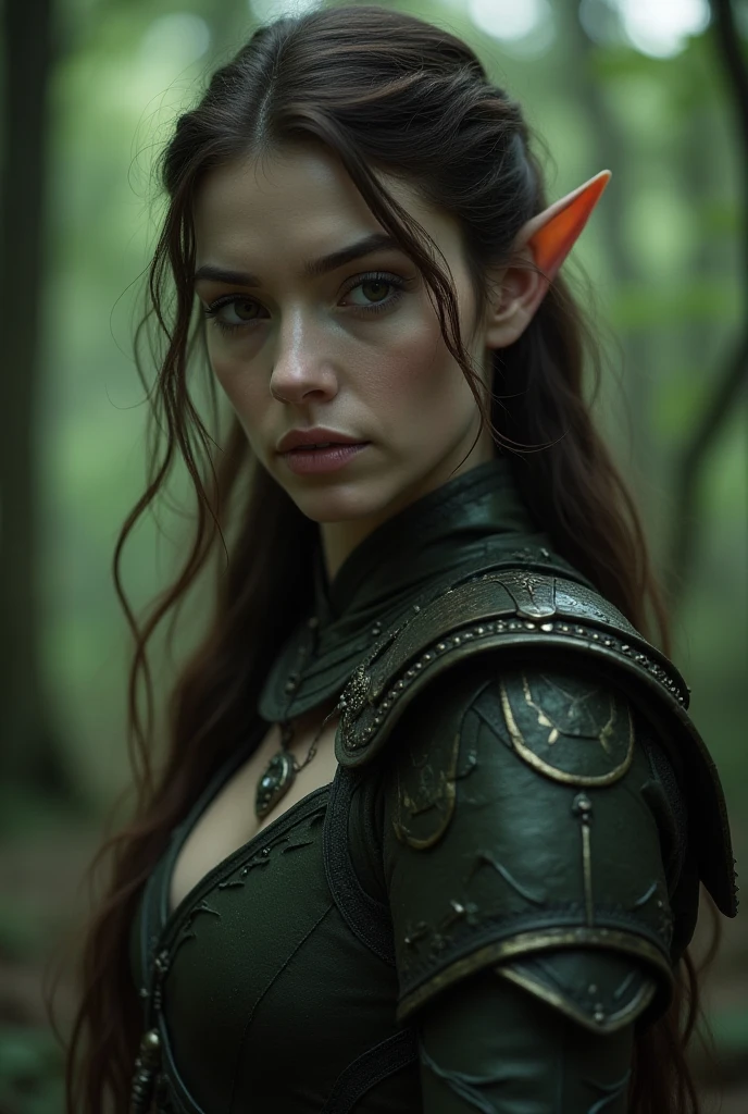 (goblin girl),full-length,sexy outfit,in the forest,portrait style,dark,moody lighting,vibrant colors,beautiful detailed eyes and lips,sharp focus,highres,ultra-detailed painting