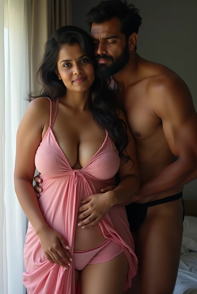 A man with a bloated belly and a severely obese woman with a bloated tummy, couple, romantic, fond, 8K, realistic