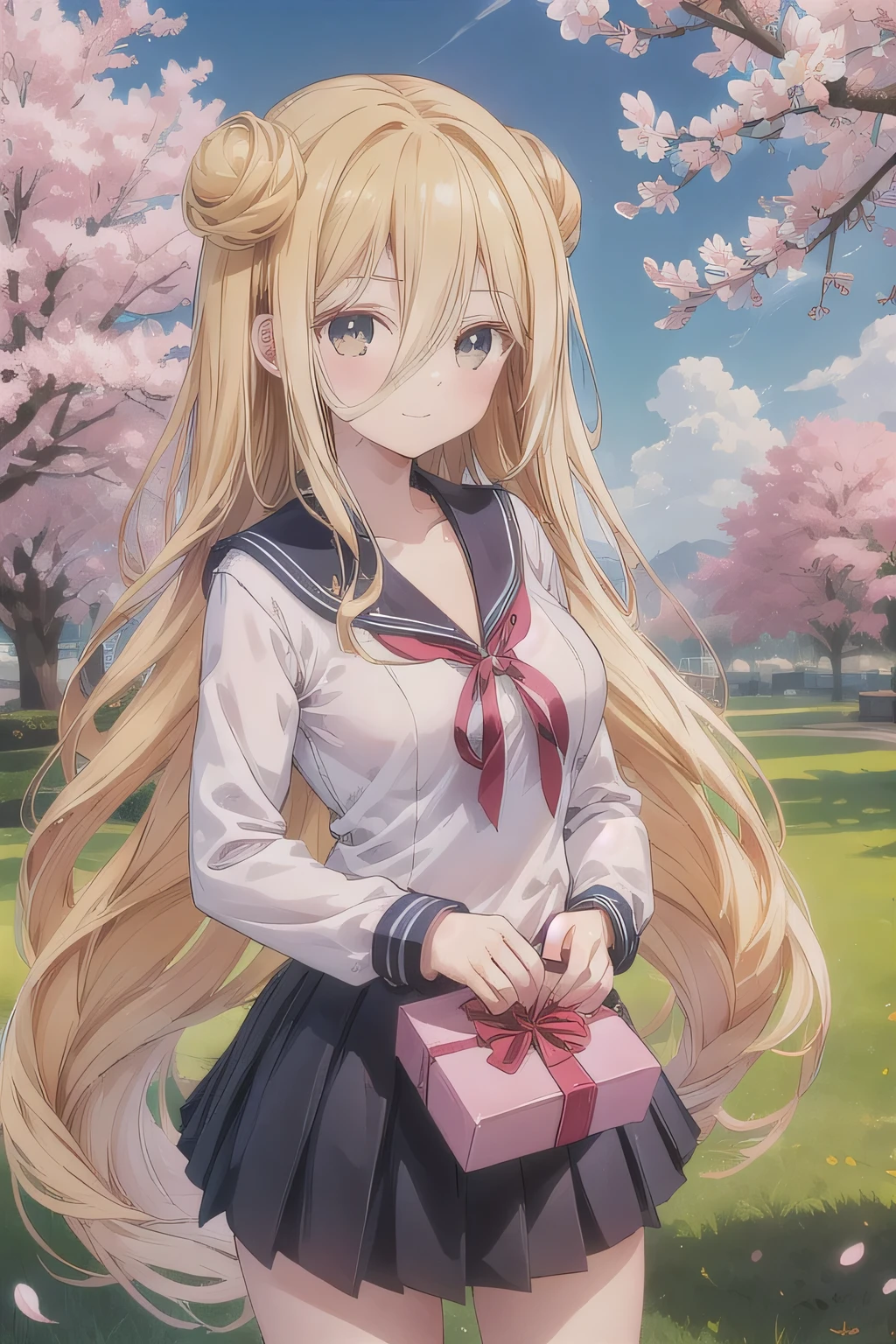 A stunningly beautiful 20-year-old woman stands in a lush green park full of cherry blossoms in full bloom under a clear blue sky. She is wearing a classic sailor uniform and holds a neatly wrapped gift box with a red ribbon in both hands in front of her chest. The box is small, wrapped in decorative paper, and tied with a bow. She looks very happy, with a radiant and joyful expression. blond hair, double pan, very long hair, long bangs, hair between eyes , Black Ribbon.