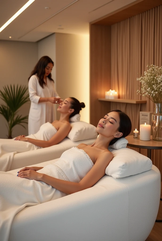The scene depicts happy, tanned women relaxing at La Belle e Bronze beauty clinic. They are enjoying the services offered, and the ambiance is both welcoming and luxurious. The clinic’s name is elegantly stylized, adding to the relaxing atmosphere.