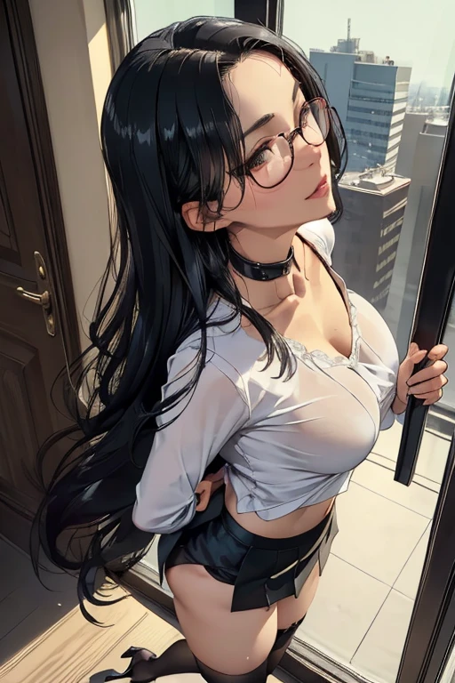 Mature housewife with black hair and glasses wearing transparent panties and a trasparente bra sucking a big penis, stroking a big penis, the big penis is inside her mouth, dripping yogurt from her mouth, the yogurt drips on her breasts,