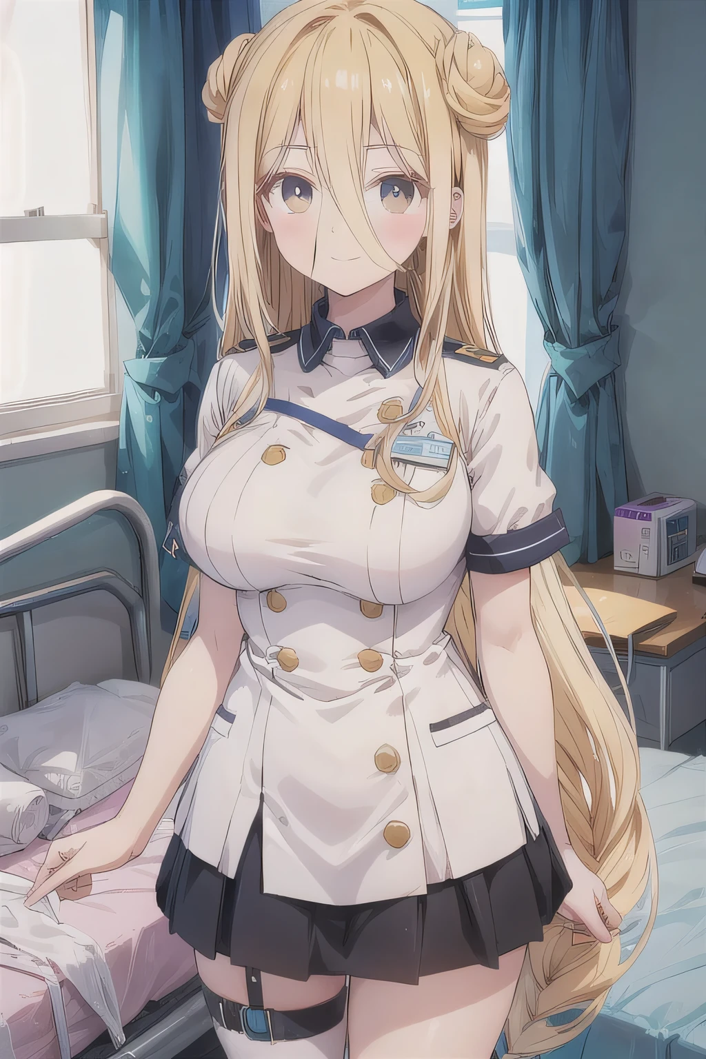 Depict a 20-year-old, very beautiful woman in a hospital room. She is wearing a nurse cap and a mini-skirt style white uniform. Her expression is shy, and she is smiling gently. The setting includes medical equipment and furnishings typical of a hospital room, with soft lighting to create a warm and welcoming atmosphere.  blond hair, double pan, very long hair, long bangs, hair between eyes , Black Ribbon.