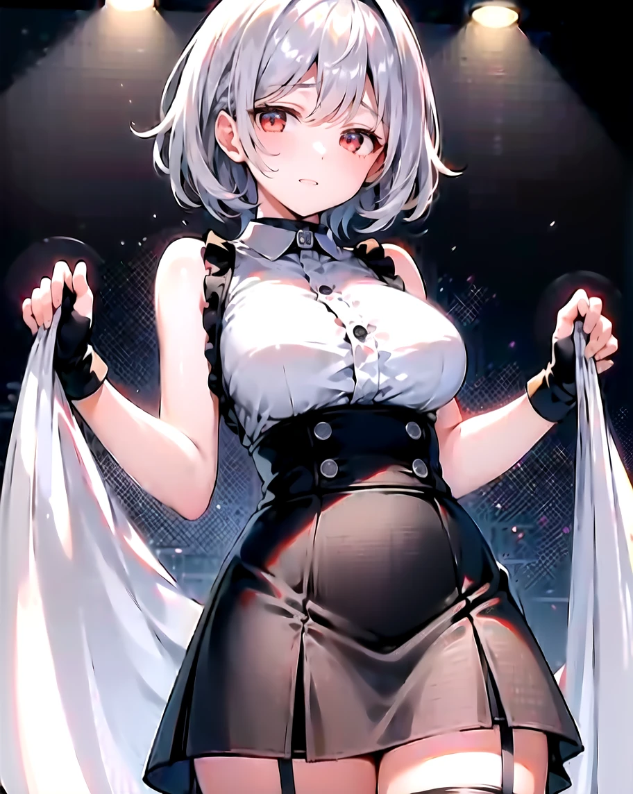 Anime-style image of a woman with white hair and black clothing, Cute 3D anime girl render, Cute anime waifu in a nice dress, Anime VTuber Full Body Model, Anime girl in a black dress, Gothic Maiden Anime Girl, Highly detailed characters, Official character art,Onmyoji,Big Tits,Pastry chef,Bobcut