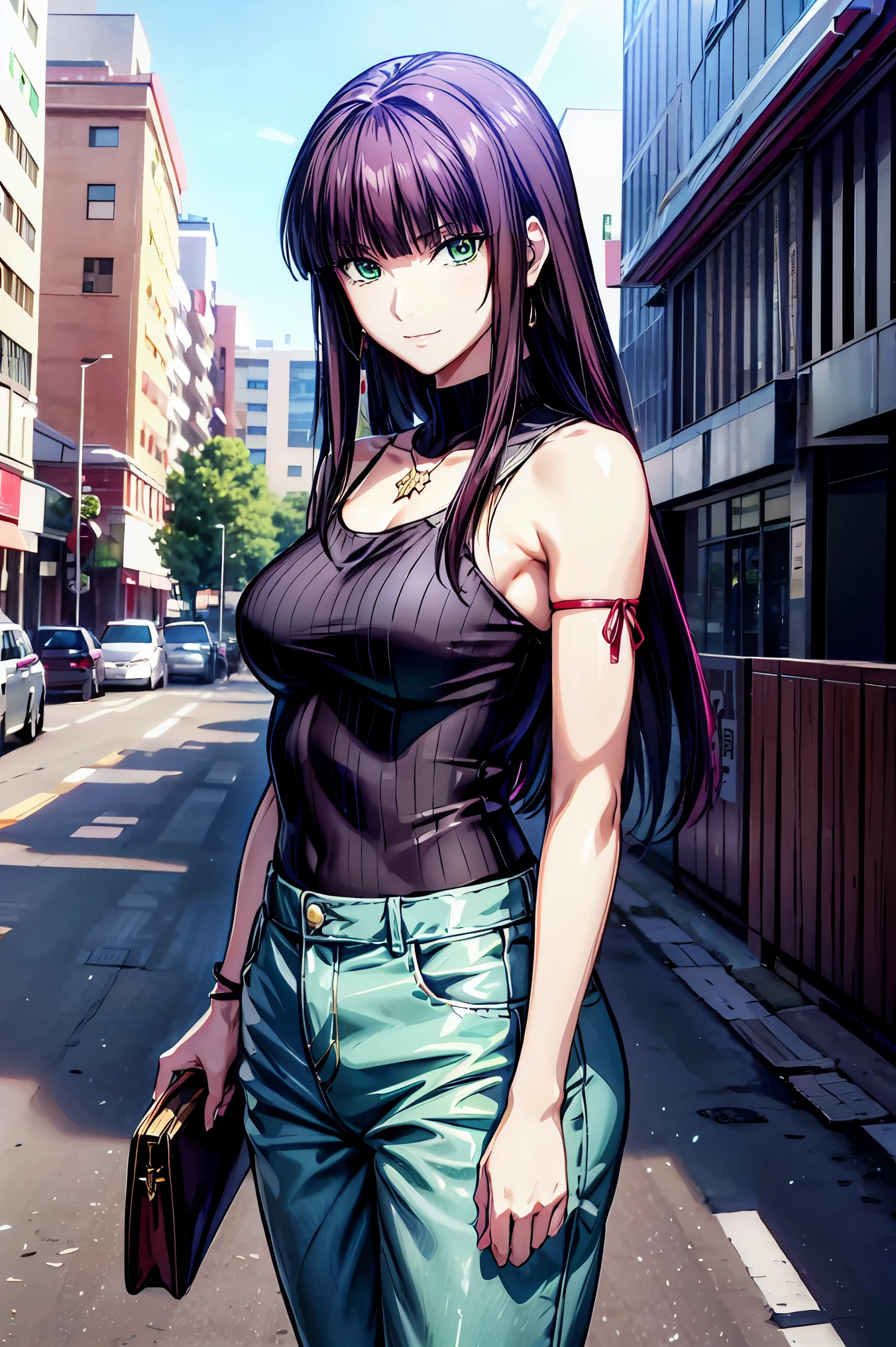 UHD and 8K Connection  ,  high resolution, High-definition CG ,  high quality shadows,  beautiful and delicate face  ,  Beautiful Delicate Eyes  ,break( Ultra-fine8K壁紙),( 非常に DetailsなCG 8k壁紙 ),Makima (  chainsaw man),  Sukasach  (  destiny  /  Grand Order Required  ),Reika Shimodaira , portai  , Very Delicate and Beautiful CG Illustration ,最  high quality ,  Real Feel  ,Realistic Fabric,  realistic texture  ,  beautiful thighs, Big Breasts 、  slim waist,((( Masterpiece))), (((最  high quality ))),8k,32K,​ Masterpiece,  Attractive and Beautiful Anime Woman  , Ultra-fine,  tall  非常に Details ,  high resolution, Super Realistic High School Student  , masseter area , 最  high quality ,  high quality ,  HD ,  high quality のテクスチャ,  high quality シャドウ, 高い Details,  Details,1 personの少女, High School Student Seen from the Side  , alone,I,1 person, alone,1 person,  tall ,AS-Adult, adult ,Leg length,  Beautiful Long Legs  ,8 heads, Statue :171cm, mature girl ,赤  purple hair,赤  purple hair,  purple hair,  BLACK CURRANT HAIR  ,  Silky Smooth Hair  ,  colorful hair,  straight hair、4 ,smile, smiles happily , Vivid Expression  ,かわいいsmile,Cool Beauty,  Beautiful Woman Sweaty on Her Face  ,  pretty face, Beautiful realism,  Can be hung on a cross , Bewitching looks ,Quiet look,  beautiful hair,She wears a  necklace around her neck,  necklace, ビーズ  necklace ,Magatama Accessories,smile,  colorful eyes,  Green Eyes,Jade  Green Eyes,  beautiful eyes, bright eyes,Delicat eyes, Jewel Eyes ,Jade Eyes, droopy eyes ,(  Green Eyes:1.5),  enchanting face  ,,  sleeveless,  turtleneck ,  sweater ,JINS,Blue denim pants,Ladies' bag  , Behind the shoulder ,  daytime, standing with  beautiful eyes ,  walking ,holiday,takeoutside,Bustling city,  low fashion,  blue sky,Building Street,Model Photo,,outside,takeoutside,  Viewer ,Model Photo, 