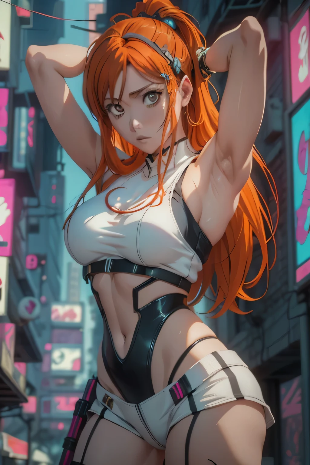Inoue Orihime from Bleach ((sleeveless cyberpunk dress))((sexy))( masterpiece:1.3),sleeveless, long orange hair ,dark brown eyes ,The best quality ,He is very detailed,Get closer to the lens,nsfw, Delicate and beautiful face ,cyberpunk world, cyberpunk city filled with cyberpunk detail, cyberpunk aesthetic, Bleach art style, shoring both her armpit