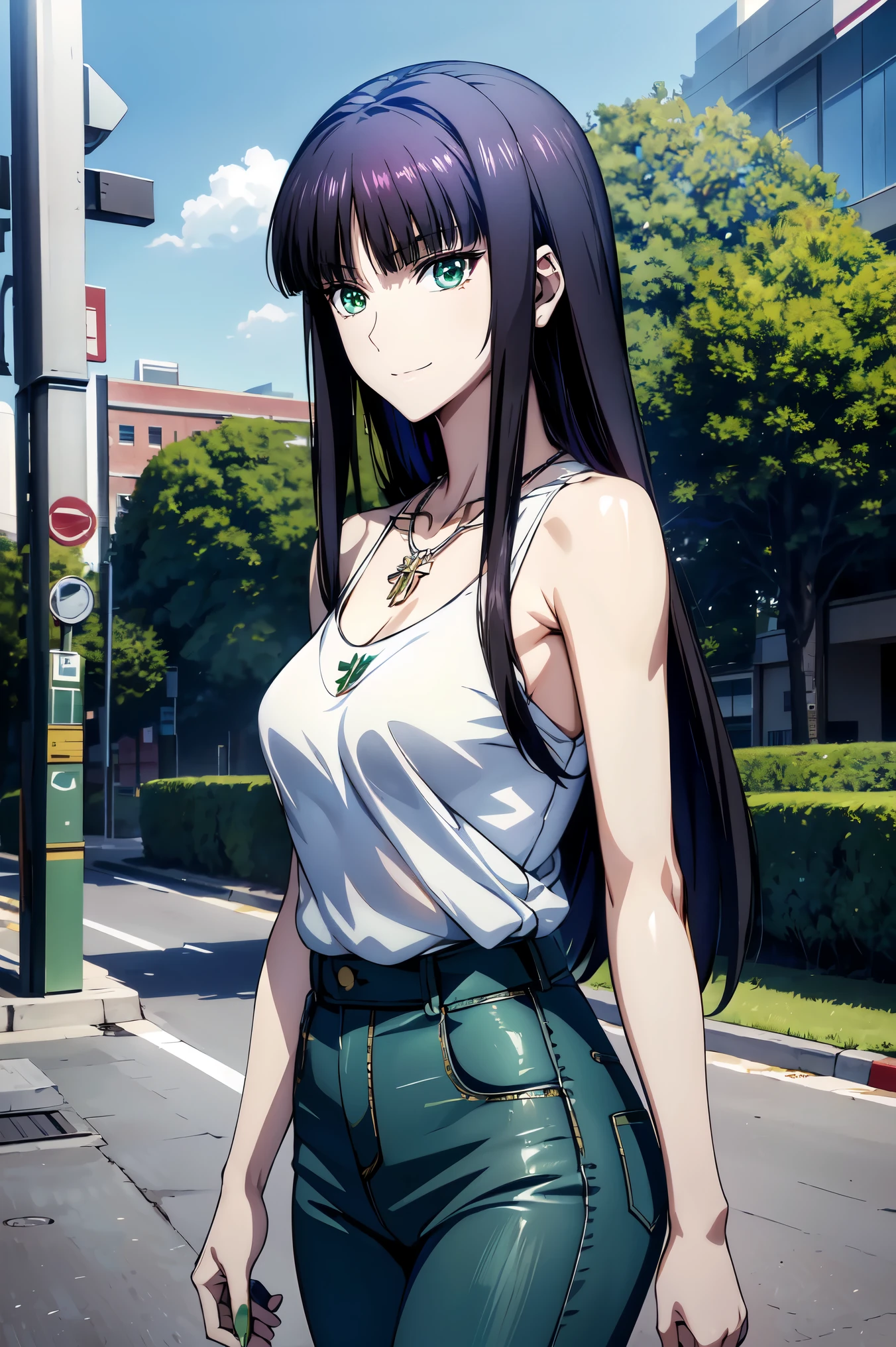 UHD and 8K Connection , high resolution, High-definition CG , high quality shadows, beautiful and delicate face , Beautiful Delicate Eyes ,break( Ultra-fine8K壁紙),( 非常に DetailsなCG 8k壁紙 ),Makima ( chainsaw man), Sukasach ( destiny / Grand Order Required ),Reika Shimodaira , portai , Very Delicate and Beautiful CG Illustration ,最 high quality , Real Feel ,Realistic Fabric, realistic texture , beautiful thighs, Big Breasts 、 slim waist,((( Masterpiece))), (((最 high quality ))),8k,32K, Masterpiece, Attractive and Beautiful Anime Woman , Ultra-fine, tall 非常に Details , high resolution, Super Realistic High School Student , masseter area , 最 high quality , high quality , HD , high quality のテクスチャ, high quality シャドウ, 高い Details, Details,1 personの少女, High School Student Seen from the Side , alone,I,1 person, alone,1 person, tall ,AS-Adult, adult ,Leg length, Beautiful Long Legs ,8 heads, Statue :171cm, mature girl ,赤 purple hair,赤 purple hair, purple hair, BLACK CURRANT HAIR , Silky Smooth Hair , colorful hair, straight hair、4 ,smile, smiles happily , Vivid Expression ,かわいいsmile,Cool Beauty, Beautiful Woman Sweaty on Her Face , pretty face, Beautiful realism, Can be hung on a cross , Bewitching looks ,Quiet look, beautiful hair,She wears a necklace around her neck, necklace, ビーズ necklace ,Magatama Accessories,smile, colorful eyes, Green Eyes,Jade Green Eyes, beautiful eyes, bright eyes,Delicat eyes, Jewel Eyes ,Jade Eyes, droopy eyes ,( Green Eyes:1.5), enchanting face ,, sleeveless, turtleneck , sweater ,JINS,Blue denim pants,Ladies' bag , Behind the shoulder , daytime, standing with beautiful eyes , walking ,holiday,takeoutside,Bustling city, low fashion, blue sky,Building Street,Model Photo,,outside,takeoutside, Viewer ,Model Photo,