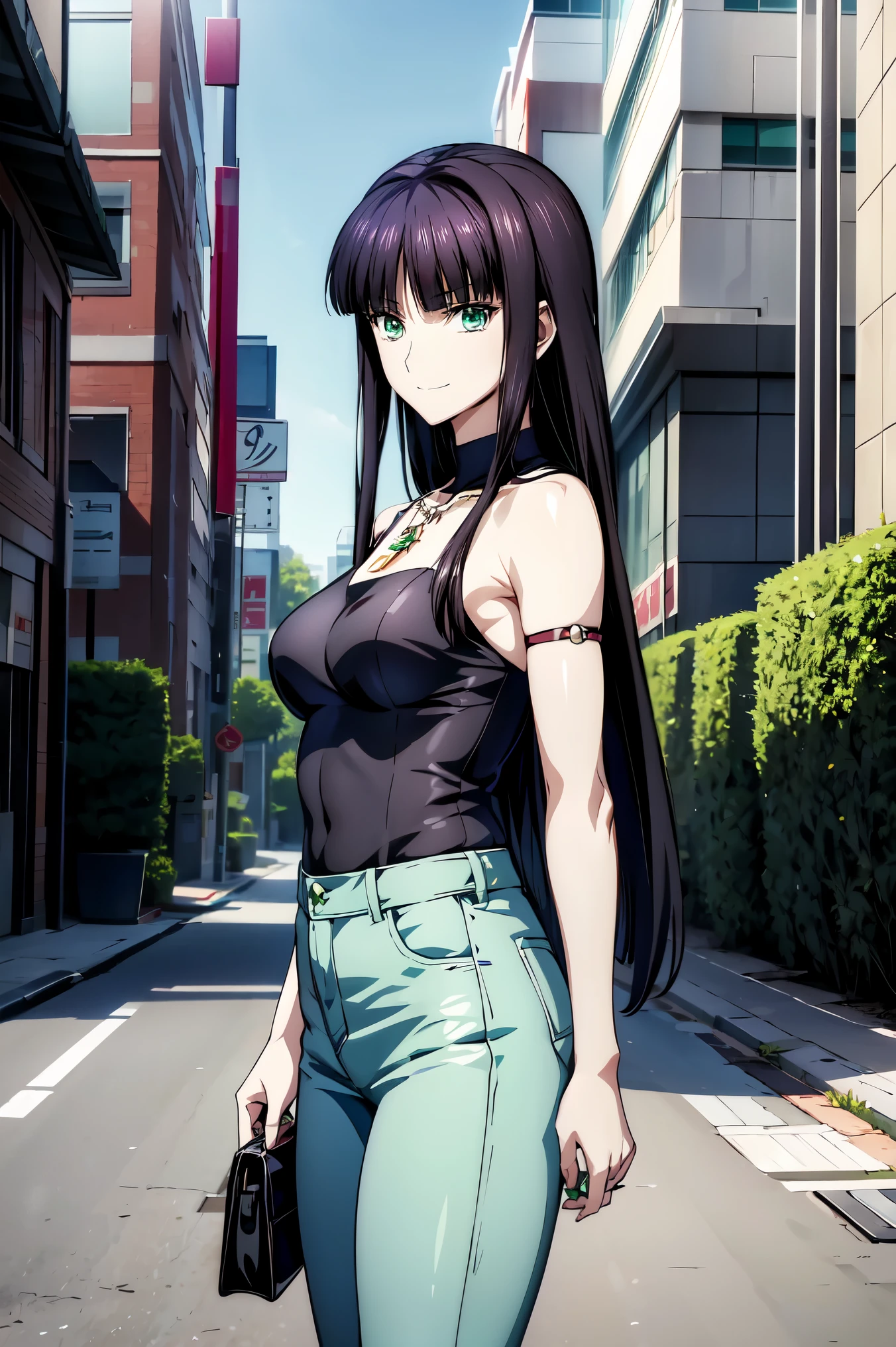 UHD and 8K Connection  ,  high resolution, High-definition CG ,  high quality shadows,  beautiful and delicate face  ,  Beautiful Delicate Eyes  ,break( Ultra-fine8K壁紙),( 非常に DetailsなCG 8k壁紙 ),Makima (  chainsaw man),  Sukasach  (  destiny  /  Grand Order Required  ),Reika Shimodaira , portai  , Very Delicate and Beautiful CG Illustration ,最  high quality ,  Real Feel  ,Realistic Fabric,  realistic texture  ,  beautiful thighs, Big Breasts 、  slim waist,((( Masterpiece))), (((最  high quality ))),8k,32K,​ Masterpiece,  Attractive and Beautiful Anime Woman  , Ultra-fine,  tall  非常に Details ,  high resolution, Super Realistic High School Student  , masseter area , 最  high quality ,  high quality ,  HD ,  high quality のテクスチャ,  high quality シャドウ, 高い Details,  Details,1 personの少女, High School Student Seen from the Side  , alone,I,1 person, alone,1 person,  tall ,AS-Adult, adult ,Leg length,  Beautiful Long Legs  ,8 heads, Statue :171cm, mature girl ,赤  purple hair,赤  purple hair,  purple hair,  BLACK CURRANT HAIR  ,  Silky Smooth Hair  ,  colorful hair,  straight hair、4 ,smile, smiles happily , Vivid Expression  ,かわいいsmile,Cool Beauty,  Beautiful Woman Sweaty on Her Face  ,  pretty face, Beautiful realism,  Can be hung on a cross , Bewitching looks ,Quiet look,  beautiful hair,She wears a  necklace around her neck,  necklace, ビーズ  necklace ,Magatama Accessories,smile,  colorful eyes,  Green Eyes,Jade  Green Eyes,  beautiful eyes, bright eyes,Delicat eyes, Jewel Eyes ,Jade Eyes, droopy eyes ,(  Green Eyes:1.5),  enchanting face  ,,  sleeveless,  turtleneck ,  sweater ,JINS,Blue denim pants,Ladies' bag  , Behind the shoulder ,  daytime, standing with  beautiful eyes ,  walking ,holiday,takeoutside,Bustling city,  low fashion,  blue sky,Building Street,Model Photo,,outside,takeoutside,  Viewer ,Model Photo, 