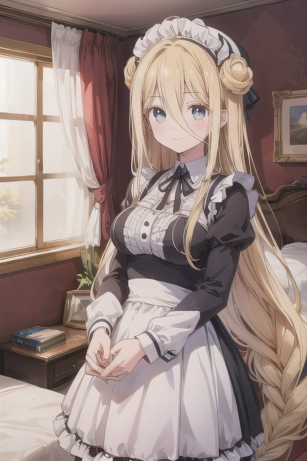 Depict a 20-year-old, very beautiful woman in a luxurious mansion room. She is dressed in a classic black-and-white maid outfit with a short hem and wearing a white brim cap. Her expression is confident, and she is smiling warmly. The setting includes elegant furnishings and decor typical of a grand estate, with soft, natural lighting to enhance the sophisticated atmosphere. blond hair, double pan, very long hair, long bangs, hair between eyes , Black Ribbon.