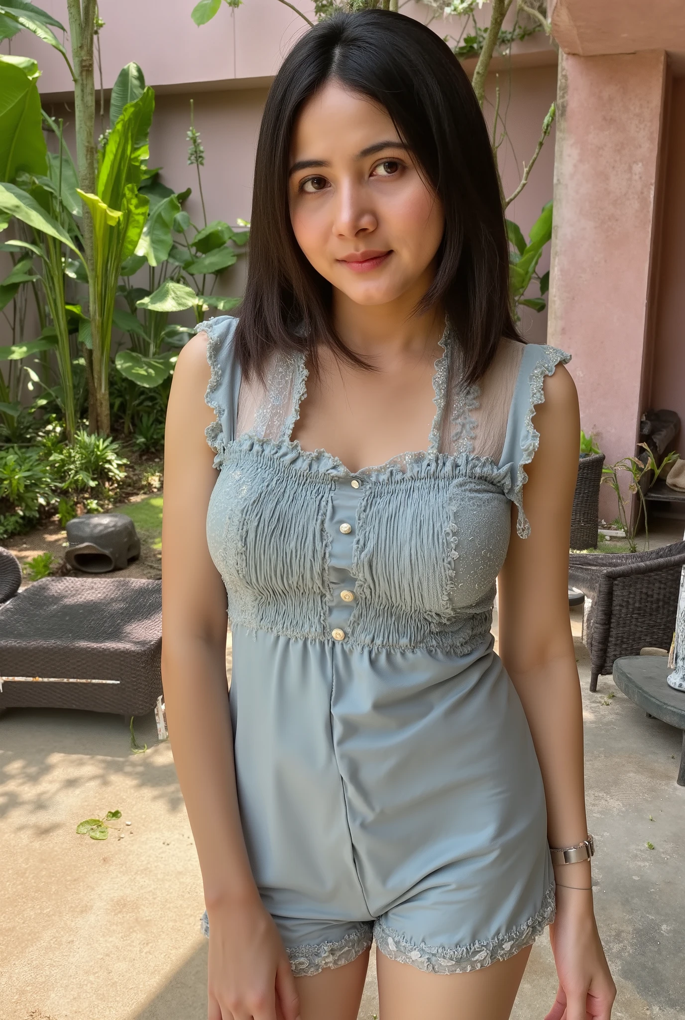 A young girl with short, slightly curly dark hair and expressive eyes, wearing a teal beret and a warm-toned, rustic outfit with a red-orange top and cream-colored sleeves. She stands amidst a dreamy, ethereal forest backdrop with soft, glowing light and dandelions floating in the air. The color palette is a mix of deep greens, warm oranges, and soft yellows, with a painterly, textured, and slightly impressionistic style. The overall mood is calm, serene, and introspective.