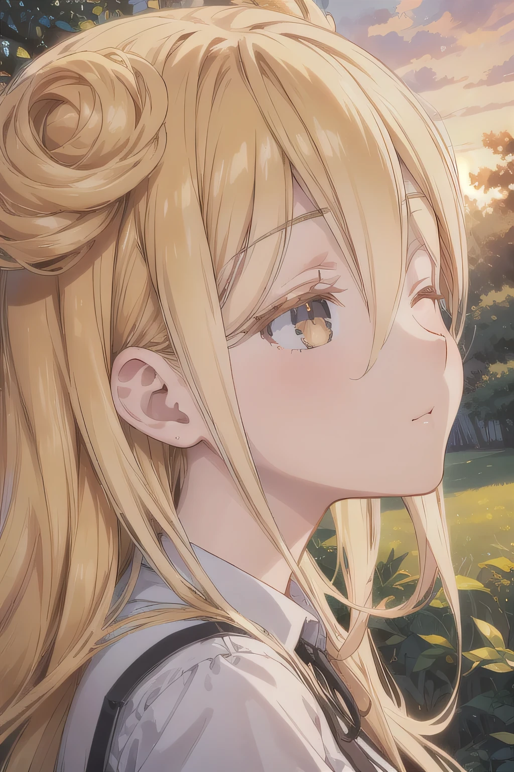 Depict a 20-year-old, very beautiful woman standing in a lush, green park at sunset. The warm light of the evening sun bathes the scene in a golden glow. She is facing forward, her eyes gently closed, her cheeks slightly flushed, and her face tilted slightly upward as if anticipating a kiss. The atmosphere is serene and romantic, with the soft colors of the sunset complementing the tranquil surroundings. 1 woman。 blond hair, double pan, very long hair, long bangs, hair between eyes , Black Ribbon.