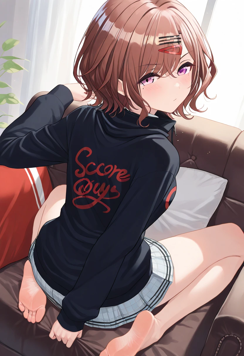 1girl, solo, masterpiece, best quality, high res, highly detailed, illustration, beatiful detailed eyes, yuigahama yui, single hair bun, glossy lips, light makeup, standing, t-shirt, (fishnet), collarbone, (full body)