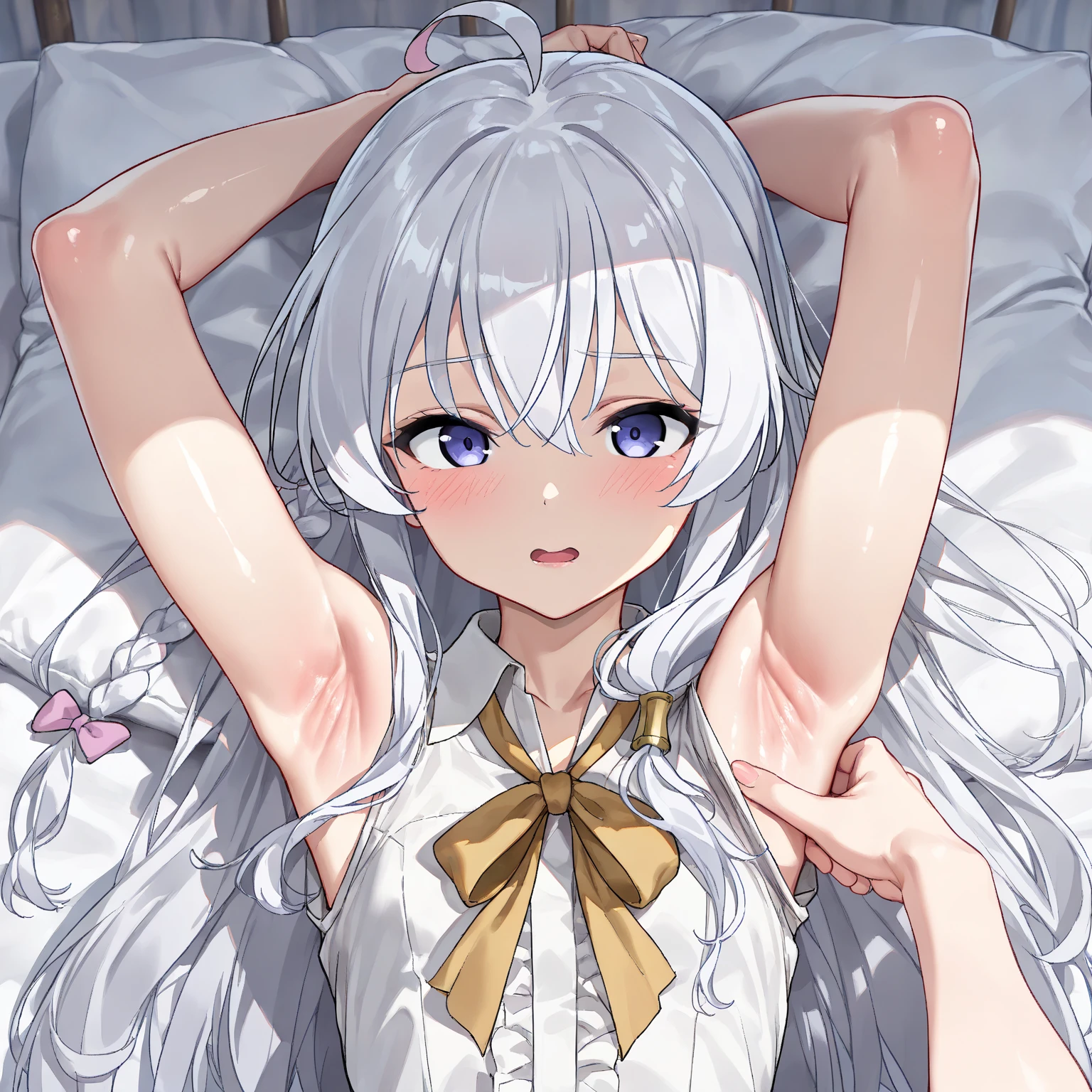 (8k, Highest quality)、超High resolution、Adorable、Highest quality, beautiful, Absurd beauty,(Highest quality,4K,8k,High resolution,masterpiece:1.2),Super detailed,Vibrant colors,Soft Shadows,Beautiful brushwork,Attention to detail,perfect render,rich skin tone,((Sleeping with eyes closed))、((Attacked in his sleep)),Golden shades,(missionary, 1boy, penis, lying, vaginale, ass pov, spread legs, sex, nsfw)、Has long, curly, light grey hair,A headband decorated with pearls and violet camellias, White shirt, Floral dark blue hemline、 (Sleeping with eyes closed) ,Cute Characters,nose blush、steam、Awards, Anatomically correct