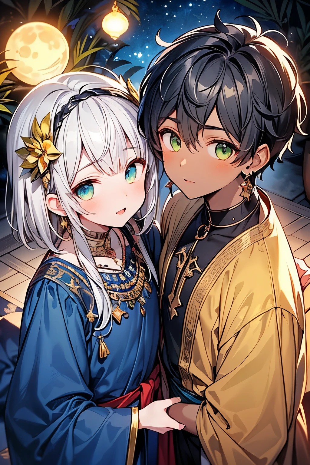 ((male:1.3)),((handsome boy:1.2)),((gay:1.3)), very short straight hair, black hair, Eerie Green Eyes ,Bokeh,((Arab clothes :1.0)), ((Arabian Nights:1.0)),(( Colorful Moonlight Flowers 々:1.0)),(open to mouth:1.1),A perverted smile full of desire,((Fantastic World:0.85)),((Dark Skin Body :1.1)),(( Glamorous and Luxurious Golden Ornaments :1.0)),(( Luxurious Hair Accessories :1.0)),(( Oversized Earrings with Gemstones:1.0)),((Top view:1.15)),