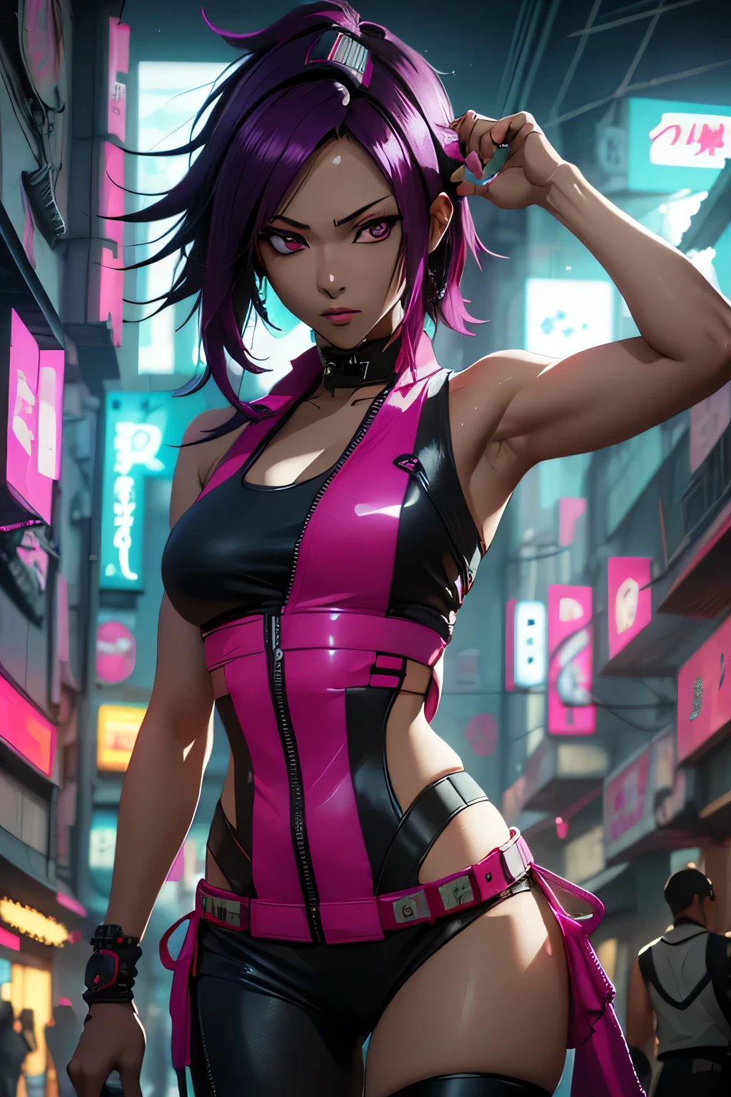Shihouin Yoruichi from Bleach ((sleeveless cyberpunk dress))((sexy))( masterpiece:1.3),sleeveless, dark purple hair ,black eyes ,The best quality ,He is very detailed,Get closer to the lens,nsfw, Delicate and beautiful face ,cyberpunk world, cyberpunk city filled with cyberpunk detail, cyberpunk aesthetic, Bleach art style, dark skin