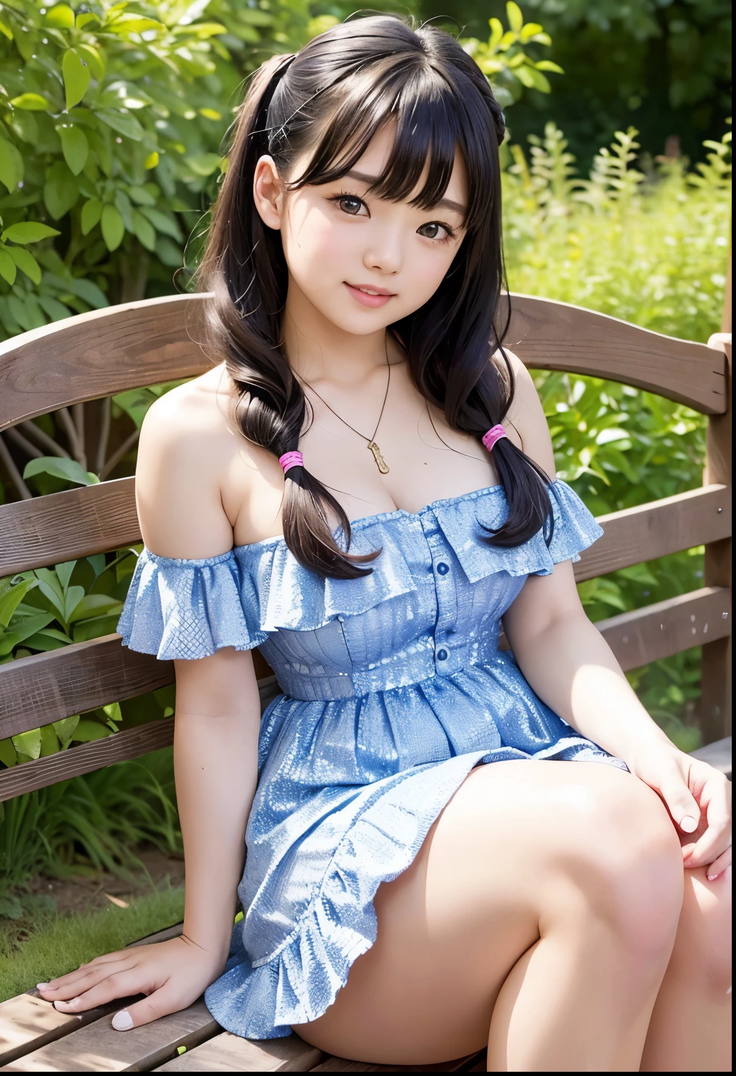 ( top quality, Masterpiece:1.3, Ultra High Resolution ),( very detailed bust 、 caustics) ( is present :1.4, RAW shooting、)Ultra- is present Capture、 very detailed bust 、 natural skin texture 、 Masterpiece、( Japanese wearing a ruffled sequin dress:1.3)、 cute expression 、Expression of happiness、、: 、baby face、 innocent gzingly cute、airstyle 、 curly hair 、ribbon、 black hair、 big breasted with a cross eye、 Glowing Thighs、Shining Ass、 necklace、Photographed in a private garden with sunshine 、Sit on a bench and cross your legs、Background details、smile、 An inviting gaze 、( One girl in front of her is anatomically accurate )、 attention to detail 、 touch the hair with one hand