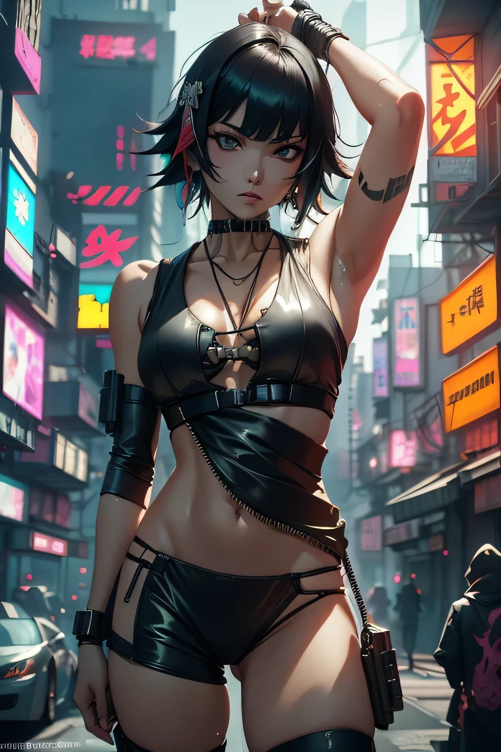 Soi Fon from Bleach ((sleeveless cyberpunk dress))((sexy))（ masterpiece：1.3），sleeveless, black hair ,black eyes ，The best quality ，He is very detailed，Get closer to the lens，nsfw， Delicate and beautiful face ，cyberpunk world, cyberpunk city filled with cyberpunk detail, cyberpunk aesthetic, Bleach art style, 
