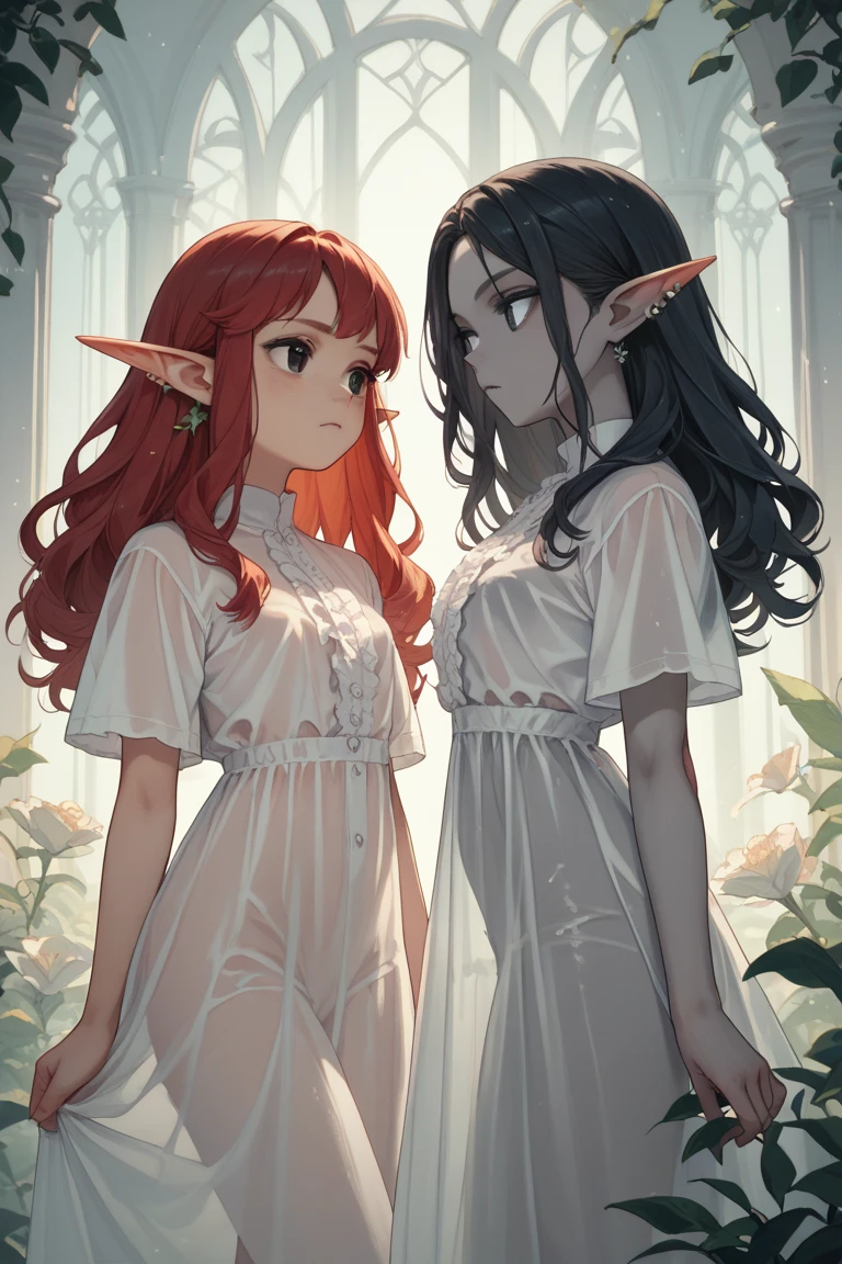 A high resolution, masterpiece, Very detailed, Two girls, Very long hair, naked, flat chest, Holding hands, sad face, full length, Front angle,