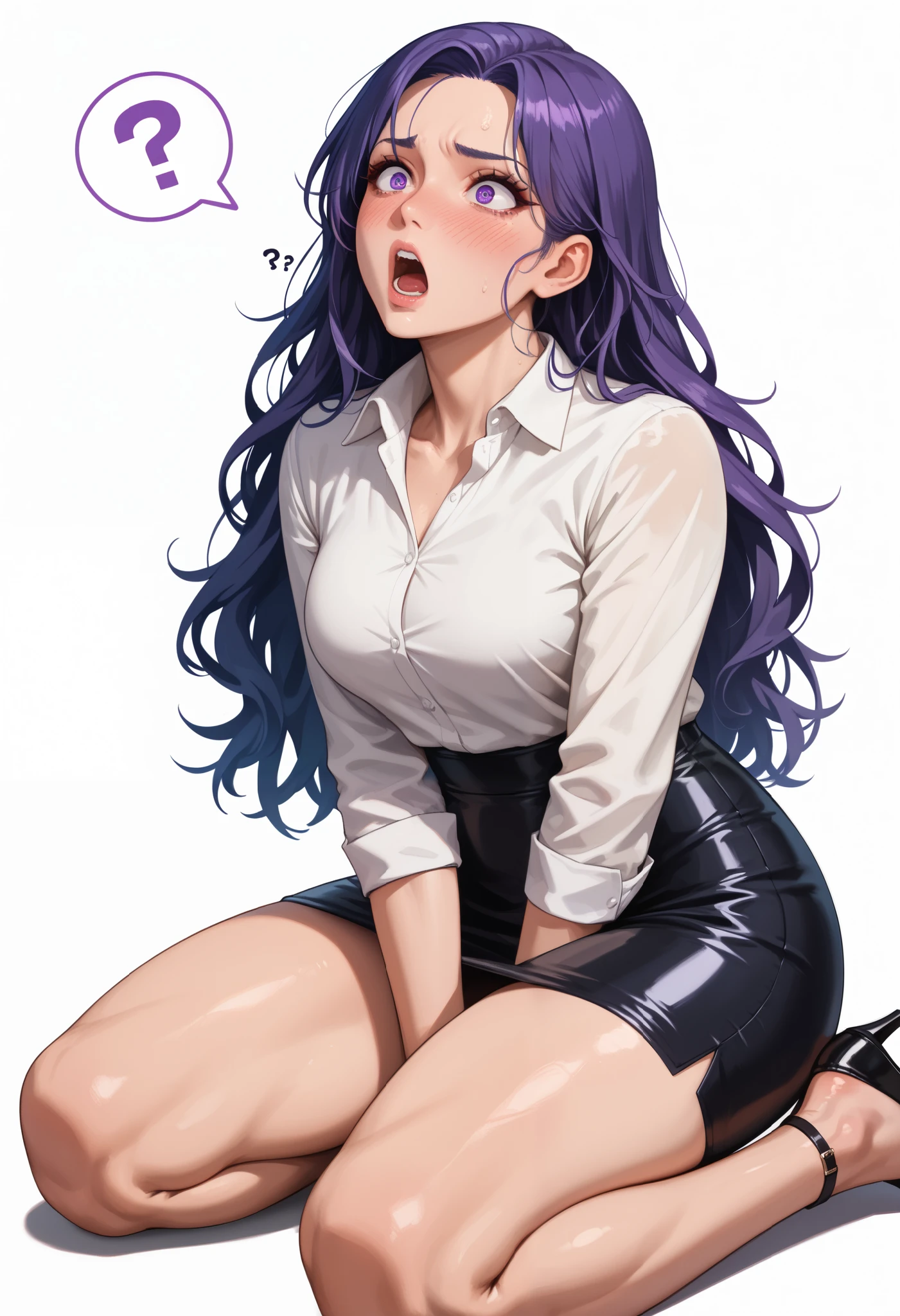 ((White background )) (masutepiece, Best Quality, High quality:1.4), (Curve:1.1), Long hair, lip stick, makeup, Ultra Detail Hair, ultra detail face, (Purple eyes:1.05), (Confused, blush:1.2), (Black tight skirt:1.3), (Long-sleeved white shirt:1.3), high-heels, tall, long sexy legs, cleavage, Big ass, thighs thighs thighs thighs, , (((very thin:1.4))) , strong , (muscle) , (Kneeling on the ground, screaming in pain)
