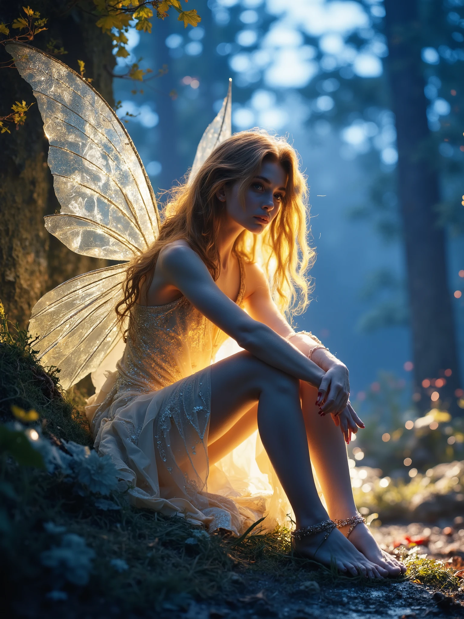 A detailed a fairy girl with delicate, transparent wings sitting gracefully on the ground. She has long, wavy hair, and her ethereal beauty is highlighted by soft, glowing light. The background features a magical forest with twinkling lights and foliage. The fairy wears a shimmering, semi-transparent dress, creating a mystical and enchanting atmosphere. The overall scene is serene and otherworldly, capturing the enchanting essence of a fairy in a magical forest, realistic, photorealistic, raw photo,