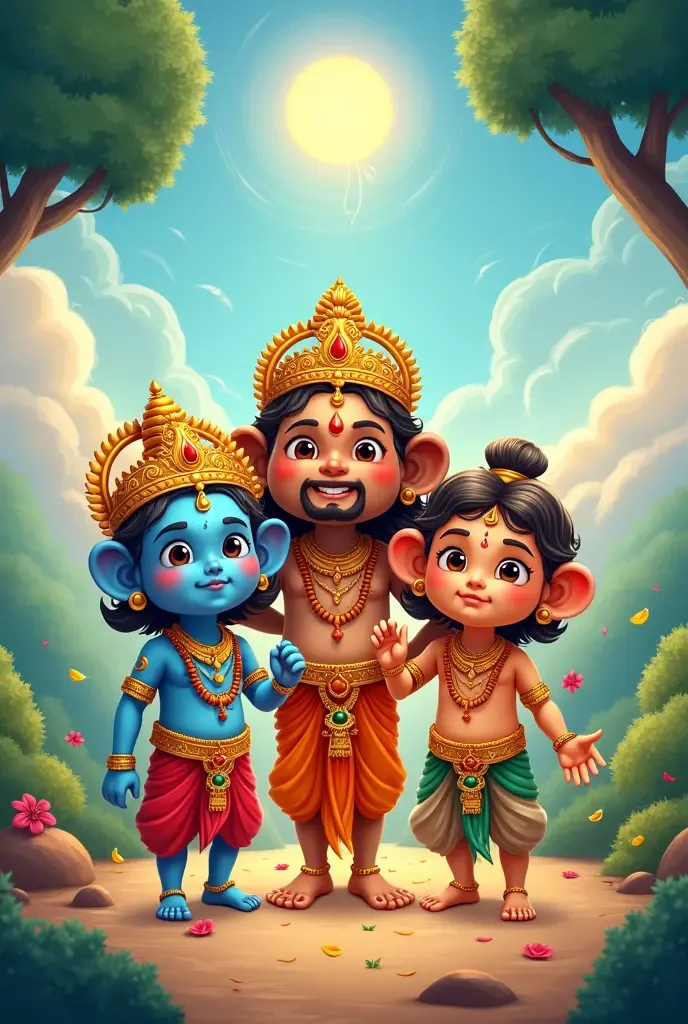 King Dasharatha's prayers for a son were answered by Vashishtha's promise of four sons, resulting in the birth of Rama, Lakshmana, Bharata, and Shatrughna.
Make it cartoon and cute but adult with their people in one picture