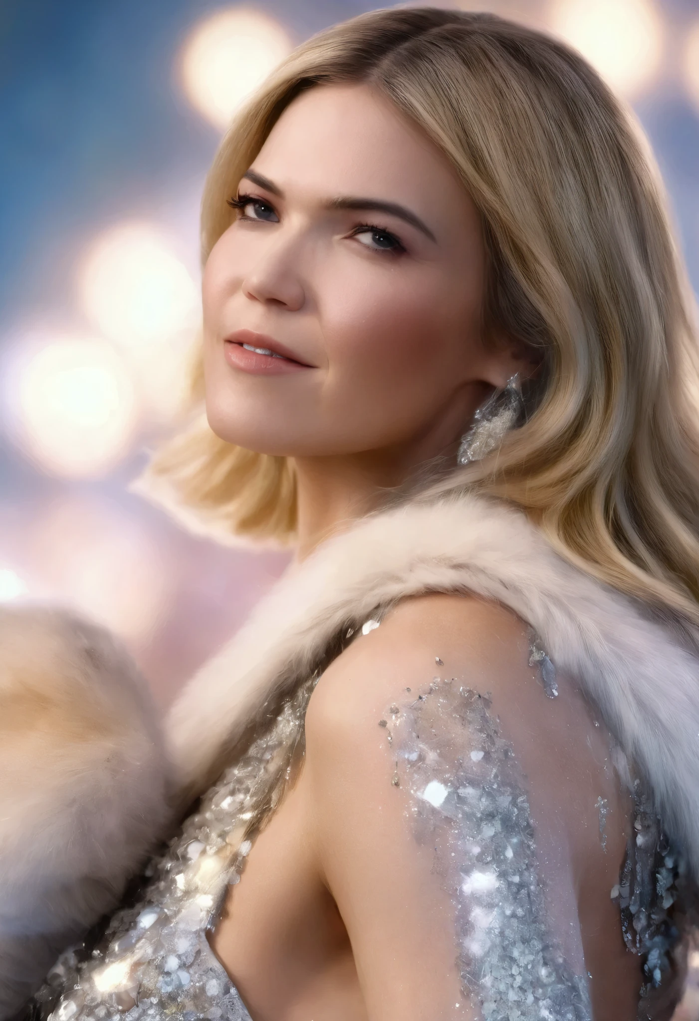 best quality, highres, 8k, masterpiece, photography, detailed midbody photorealistic portrait. Crystal Charm showcases Mandy Moore's Platinum Powerhouse demeanor. Clad in a white faux fur coat with crystal studded detailing, she dons a matching platinum mini dress, high-heeled boots, and fingerless gloves. A platinum crown sits proudly upon her forehead, highlighting her striking features. Her platinum blond locks tumble in gentle waves down her back, shining just as brilliantly as the diamonds encrusted throughout her ensemble. 40 years old, (real skin texture: 1.3), (slender figure: 1.1), six-pack abs, (Immersive Ambience, Chiaroscuro: 1.5, Dim Light: 1.2, Glow Lighting), (Bokeh: 1.5), Blurred, high contrast, (Fuji colours: 1.5), film grain