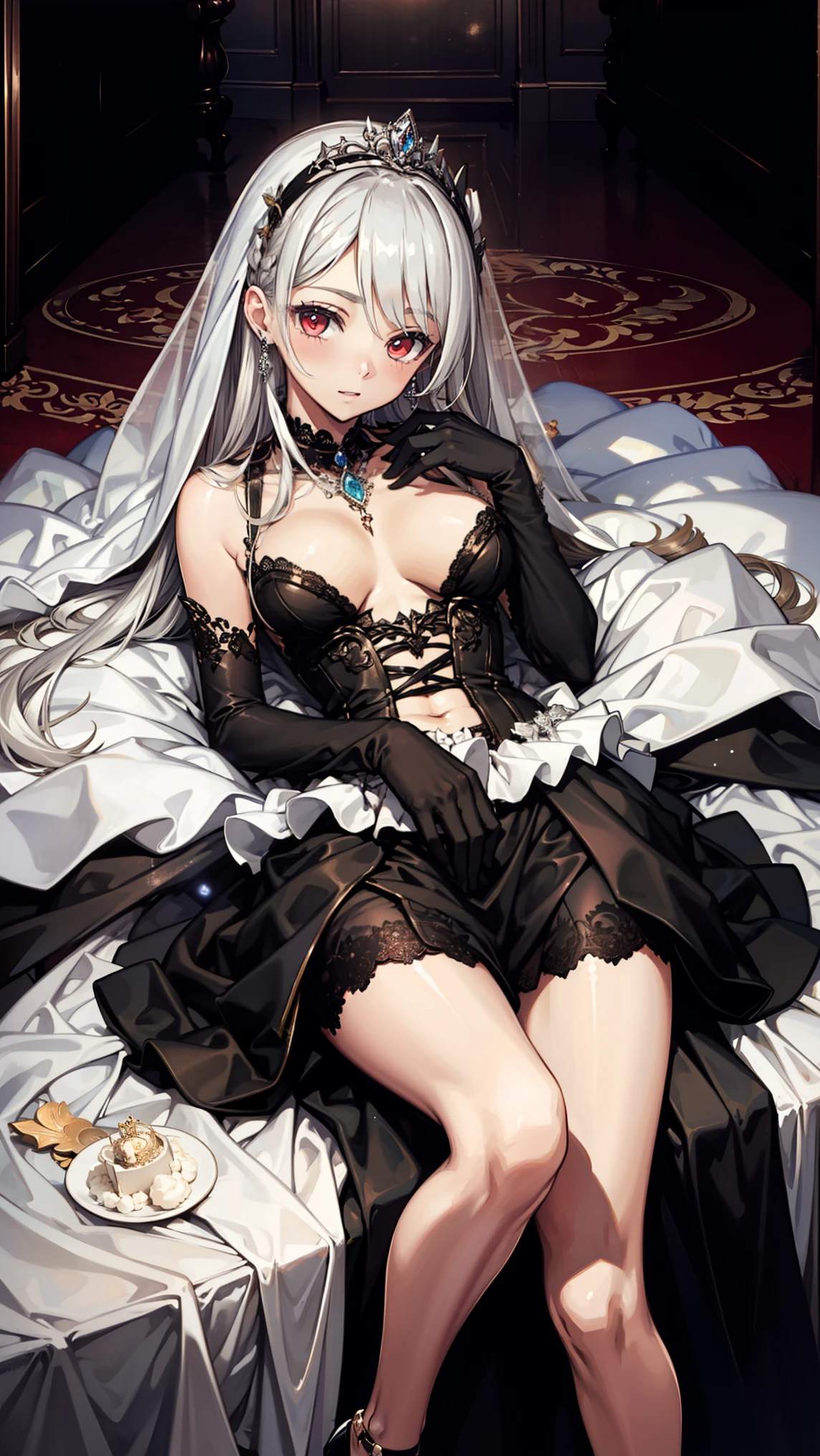Queen, Arrogant, Tsundere,   black knee length wedding dress ，Something sprinkled on it  ,     black heels , Black wedding headband    , Silver Hair,     red eyes,     Girly Feeling  , Lace gloves,     Ripped Clothes   , joke ,    whole body,     lying on the table, Black Crown    , earring, ring,  cream 