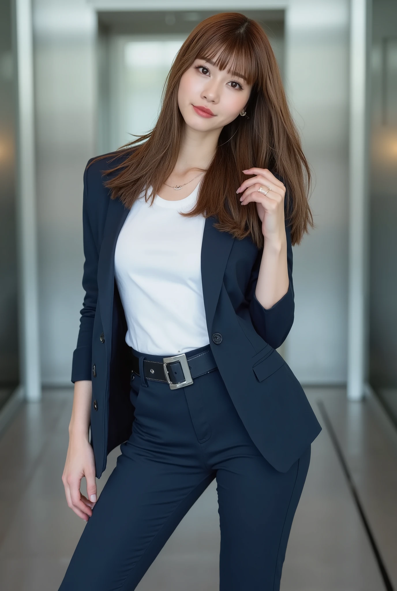 ((Best quality, Masterpiece :1.3)), Sharp focus :1.2, (A pretty woman with perfect figure :1.4), (Slender:1.2), (long layered hair:1.2), (Big breasts :1.2), (White round-neck shirt :1.3), office wear, (navy blue jacket:1.2), (Long brown flare-skirt:1.3), office background, (Black pantyhose), (Highly detailed face and skin texture:1.2), Detailed eyes, Double eyelid, long eyelashes, glitter eye shadow, glossy lips, shy smile, first-person view, f/2.8, 135mm, Nikon, 8k, anatomically correct, textured skin, high details, best quality, highres, HD, 4K