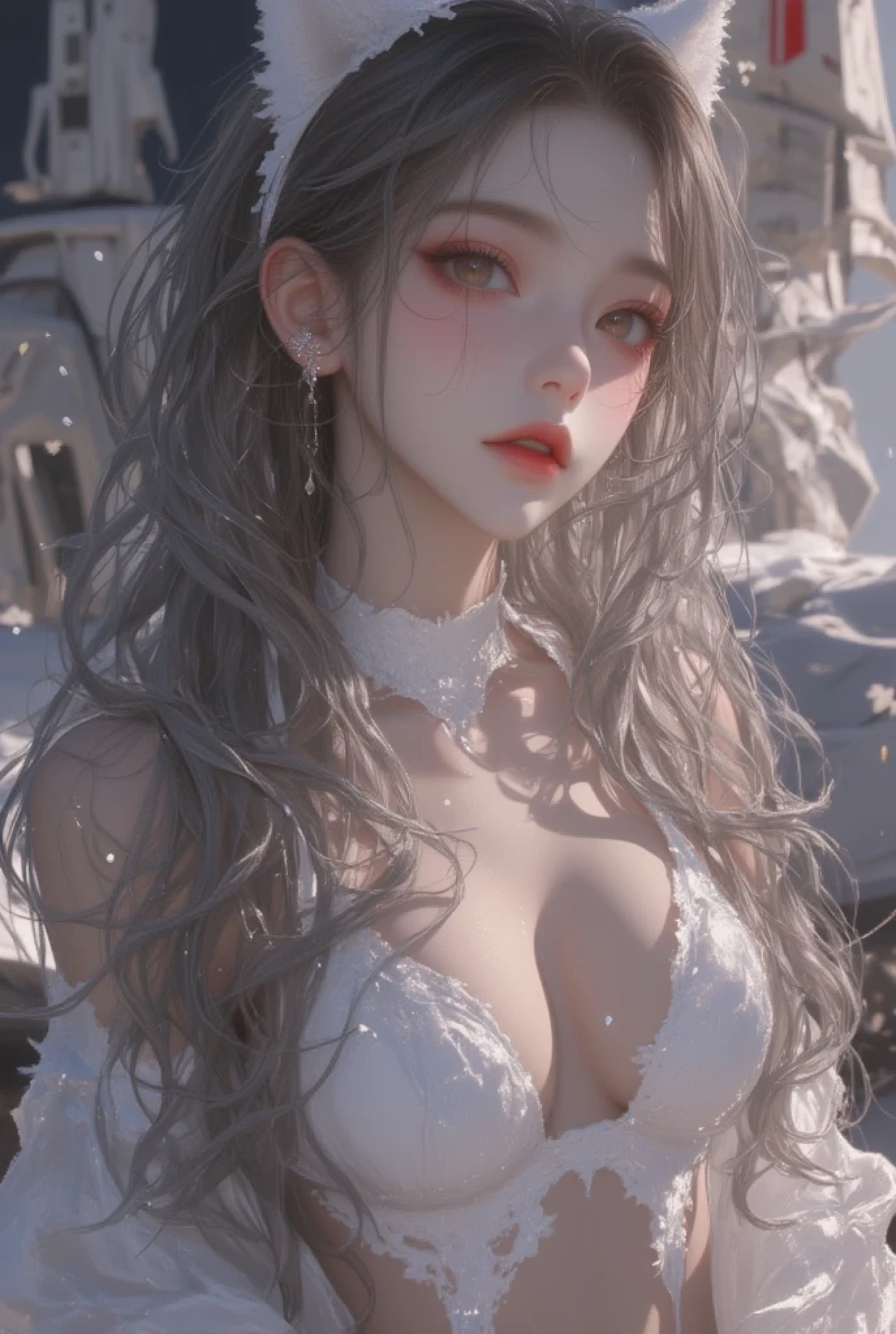 1Girl, 2, Solo, Anime, Ideal body, (Cleavage, Small breast, Hard Nipple). Beautiful, Gorgeous, Fresh, Blunt Bangs, (White Grey Hair:1.5),(Straight and Wavy Long Hair:1.3), Camisole, Off-Shoulder, Oversize, Comfort, Loose shirt, Fabric Texture. (Seiza Pose:1.3). Earrings, Thin Black Headband, Eye Glasses, Green Accessories, Environmental Details, Bed Room, Natural Light, Modern Bed, Chair, Window, White Curtain, City View. pov, anime style, UHD, retina, masterpiece, accurate, anatomically correct, textured skin. High Resolution, Looking at the viewer, Blush, Best Quality, Award Winning, Accurate, Embarrassed, seductive smile, naughty smile, horny, sweating, Naughty Face, Chin up, lips open, Gradient Eye Color, Sexy Pose. In the top view shot, the body is bent to the viewer, in front of the camera, looking up, tongue out, and with an open mouth. From Above, Close-Up, (sticky goo on breast), (white goo on body), (sweating). Milk, white milk on the breast. Hand correct, arm correct. 2 hand, 2 arm.