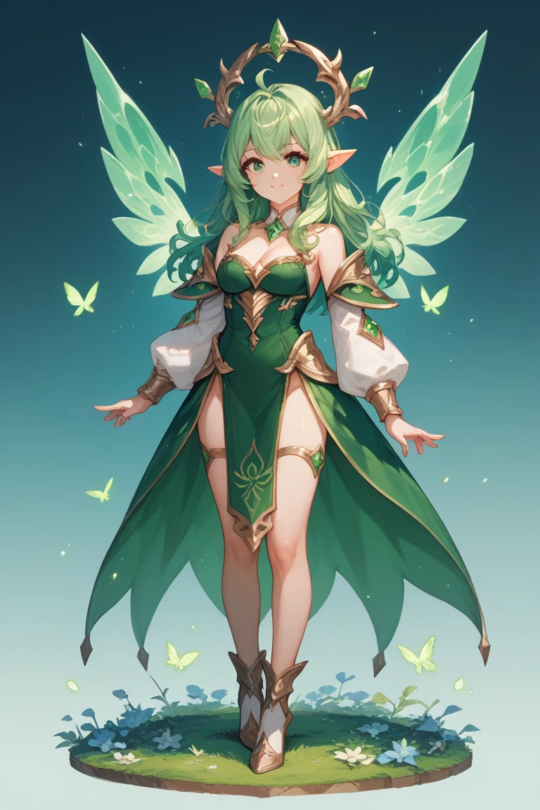 ((best quality)), ((masterpiece)), (detailed), swallowtail butterfly wings, big wings, pointed hat, multicolored hair, big hair, green clothes, leather boots, Spread colorful feathers, Fantasy art, fantasy anime, from below, pointy ears